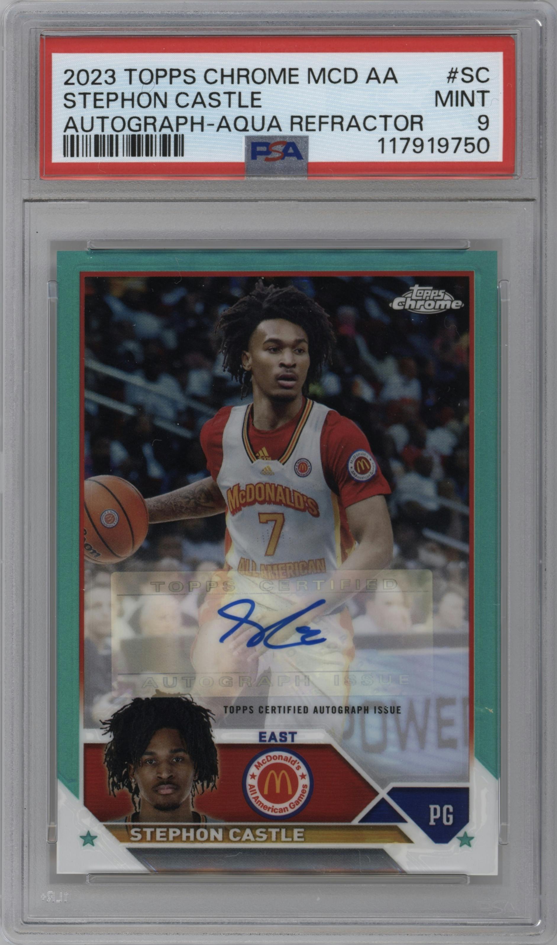 Stephon Castle from the 2023 Topps Chrome McDonald's All American set featuring a Aqua Refractor parallel graded by PSA and given an overall grade of 9.