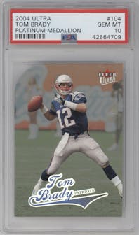 Tom Brady from the 2004 Ultra set featuring a Platinum Medallion parallel graded by PSA and given an overall grade of 10.