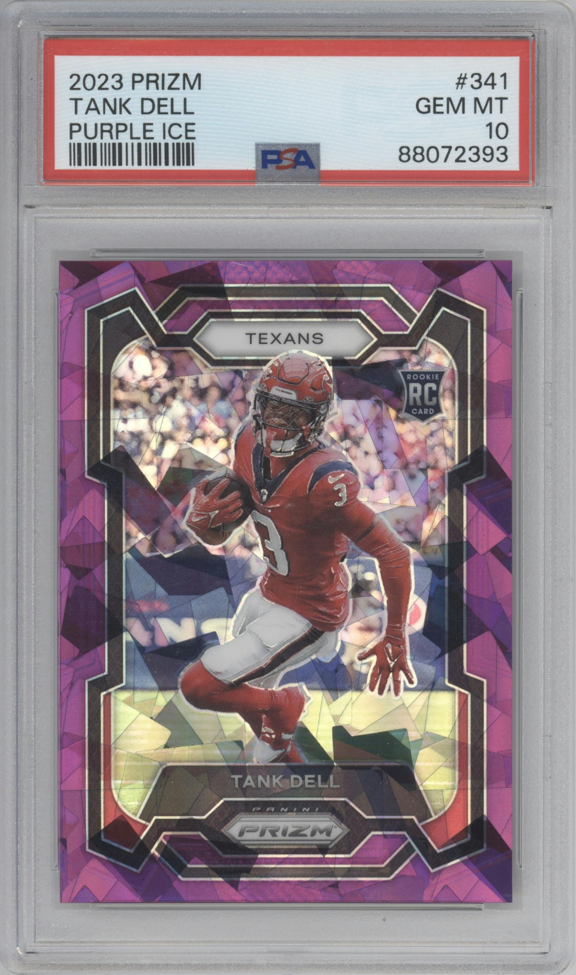 Tank Dell from the 2023 Panini Prizm set featuring a Purple Ice parallel graded by PSA and given an overall grade of 10.
