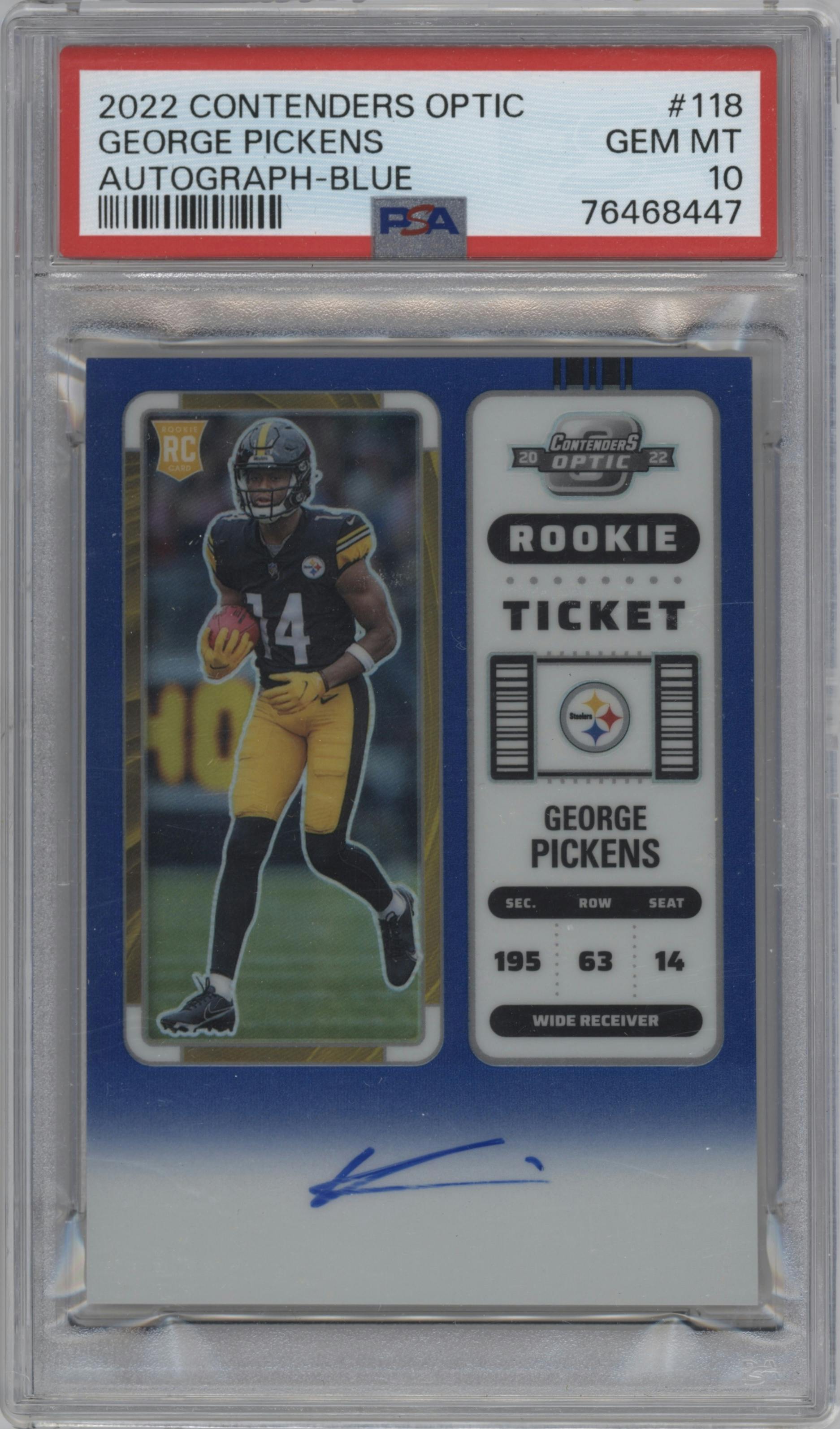 George Pickens from the 2022 Panini Contenders Optic set featuring a Blue parallel graded by PSA and given an overall grade of 10.
