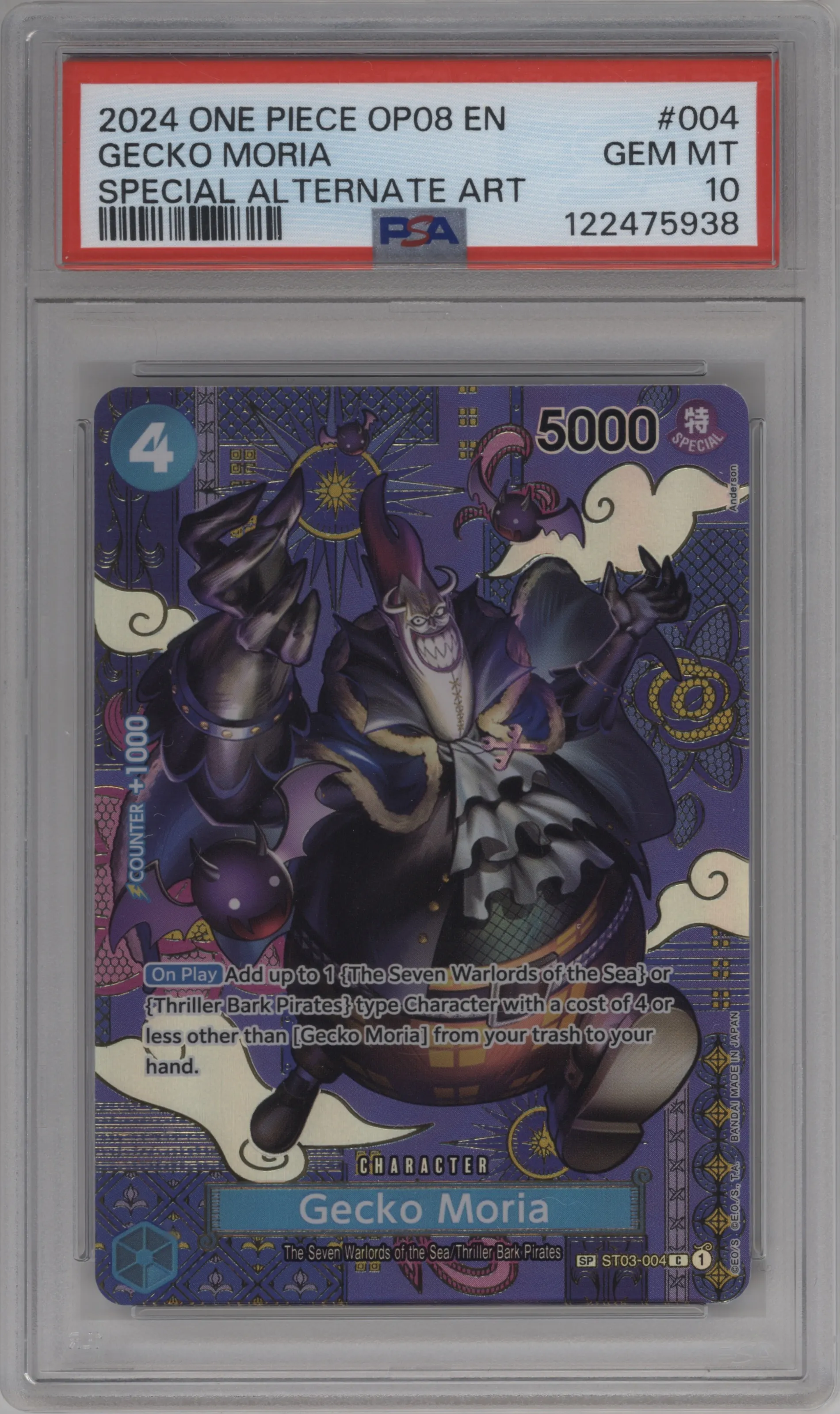 Gecko Moria from the 2024 One Piece set featuring a Alternate Art parallel graded by PSA and given an overall grade of 10.