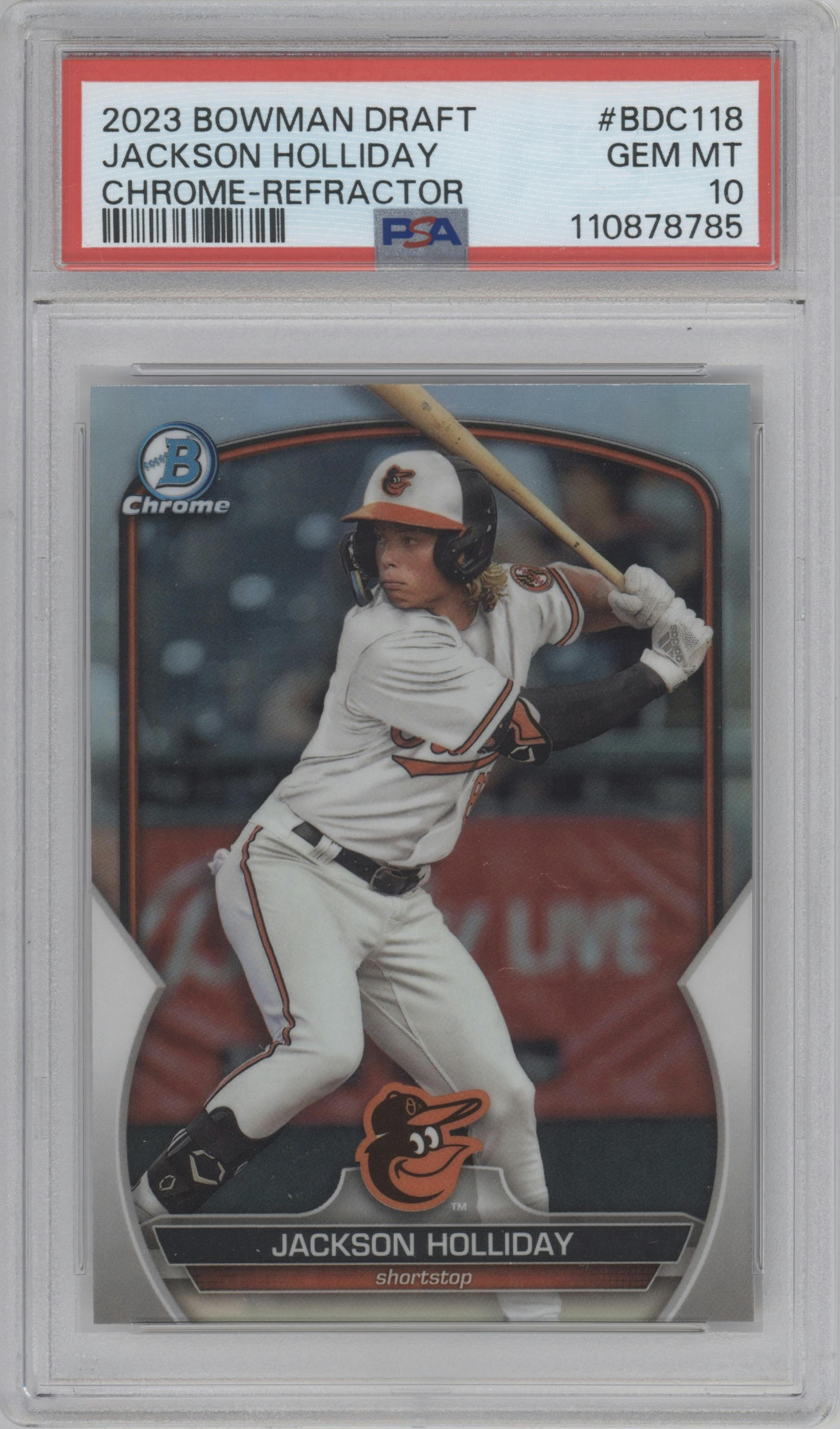 Jackson Holliday from the 2023 Bowman Draft set featuring a Refractor parallel graded by PSA and given an overall grade of 10.