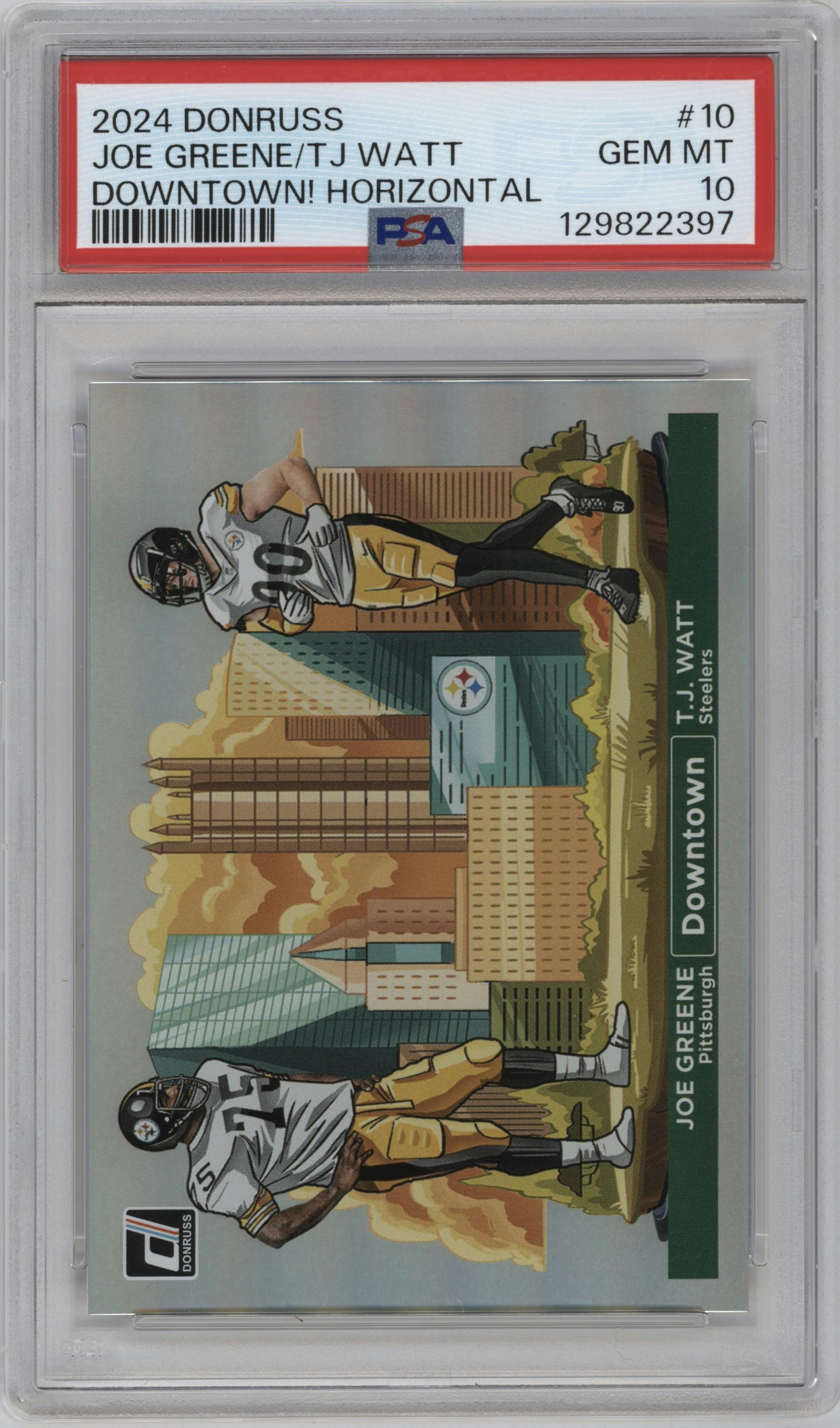 Joe Greene/T.J Watt from the 2024 Donruss set graded by PSA and given an overall grade of 10.