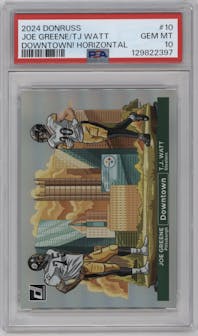 Joe Greene/T.J Watt from the 2024 Donruss set graded by PSA and given an overall grade of 10.