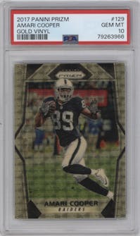 Amari Cooper from the 2017 Panini Prizm set featuring a Gold Vinyl parallel graded by PSA and given an overall grade of 10.