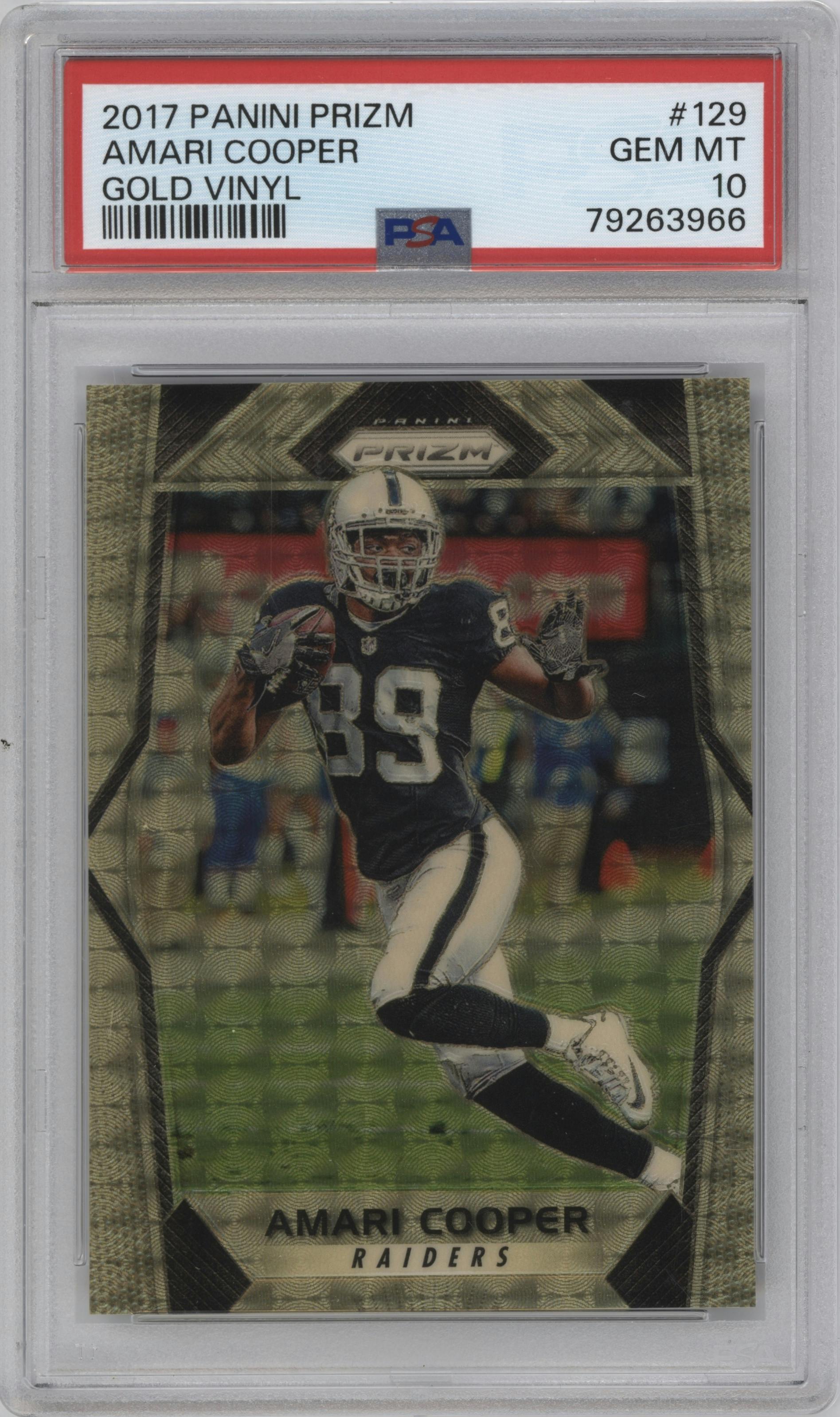 Amari Cooper from the 2017 Panini Prizm set featuring a Gold Vinyl parallel graded by PSA and given an overall grade of 10.
