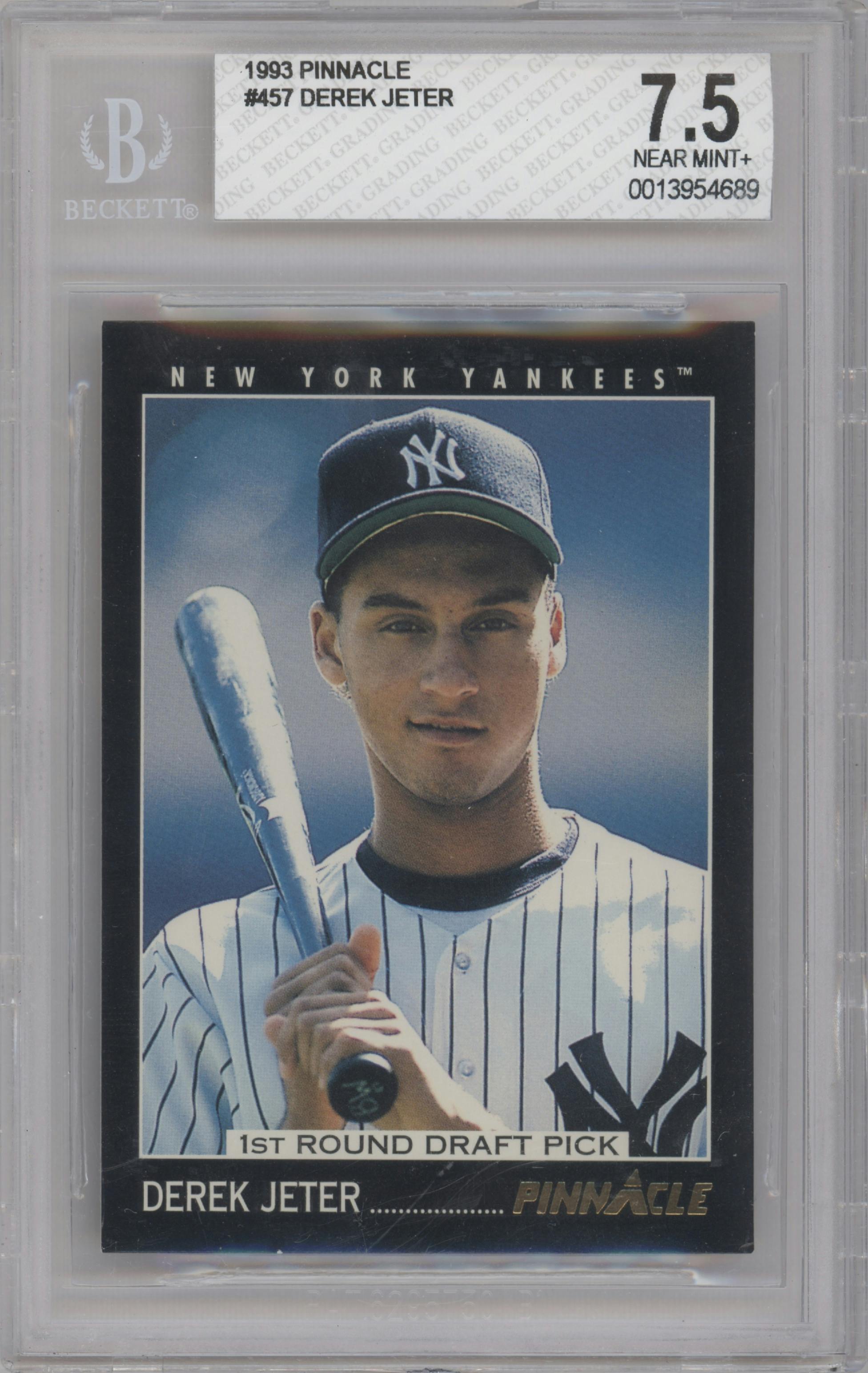 Derek Jeter from the 1993 Pinnacle set graded by Beckett and given an overall grade of 7.5.