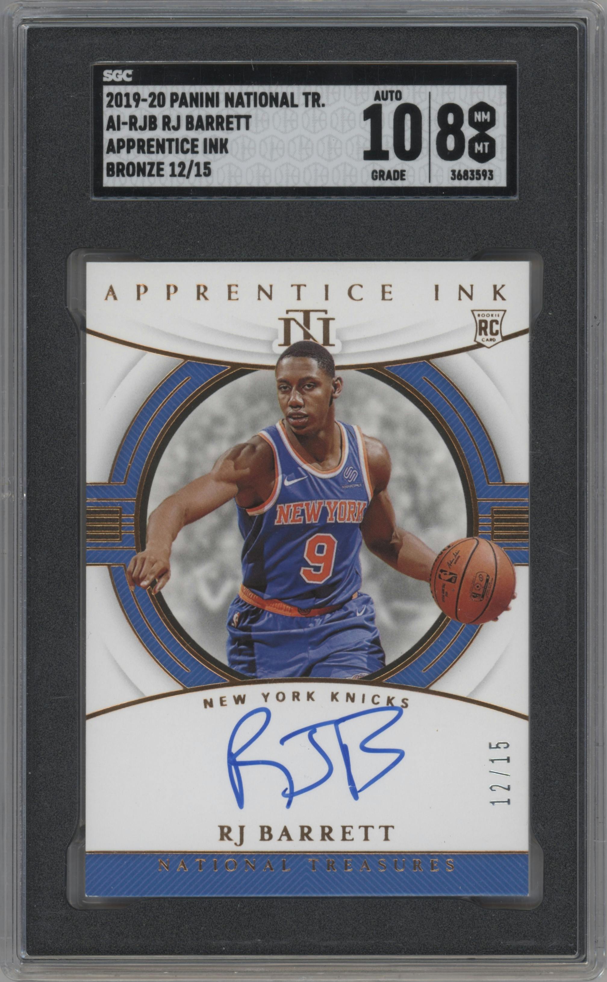 RJ Barrett from the 2019-20 Panini National Treasures Basketball set featuring a Bronze parallel graded by SGC and given an overall grade of 8.