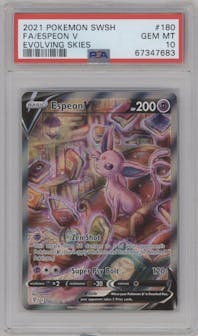 Espeon V from the 2021 Pokemon SWSH set graded by PSA and given an overall grade of 10.