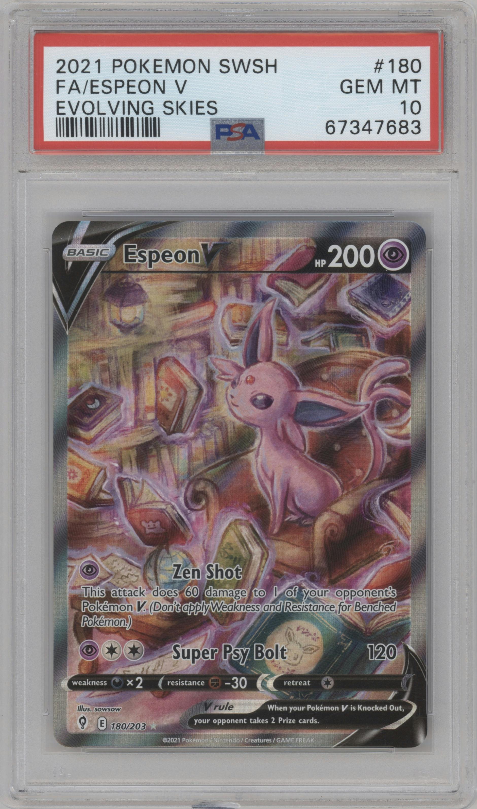 Espeon V from the 2021 Pokemon SWSH set graded by PSA and given an overall grade of 10.