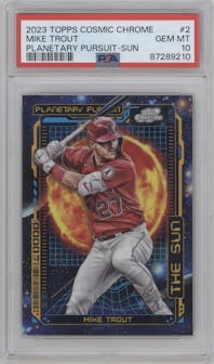 Mike Trout from the 2023 Topps Cosmic Chrome set graded by PSA and given an overall grade of 10.
