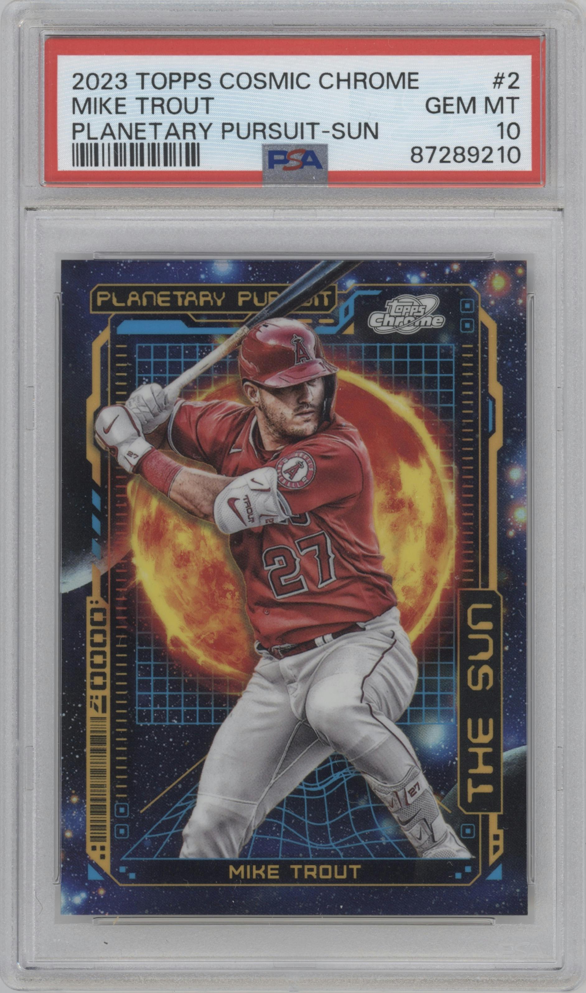 Mike Trout from the 2023 Topps Cosmic Chrome set graded by PSA and given an overall grade of 10.
