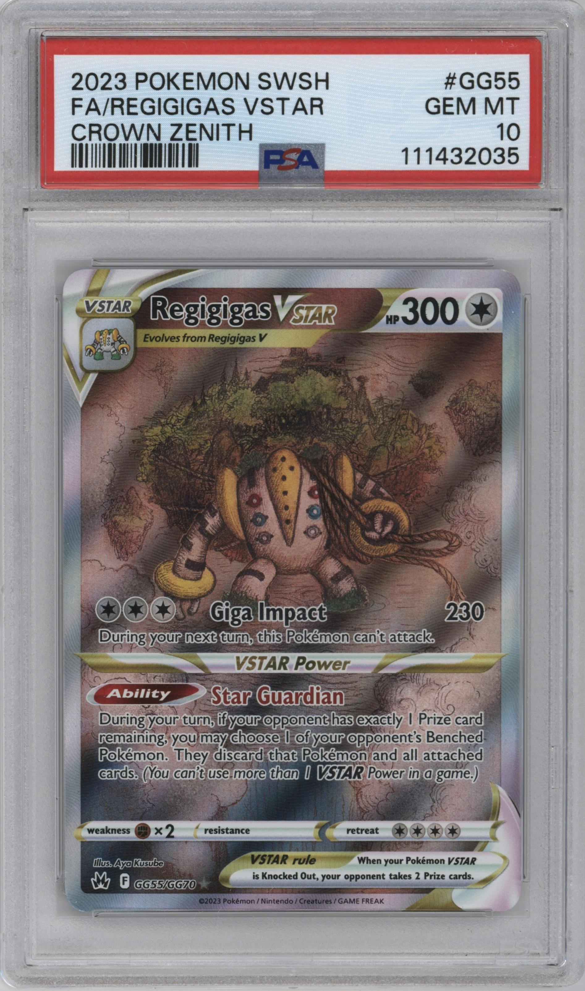 Regigigas VSTAR from the 2023 Pokemon SWSH set graded by PSA and given an overall grade of 10.