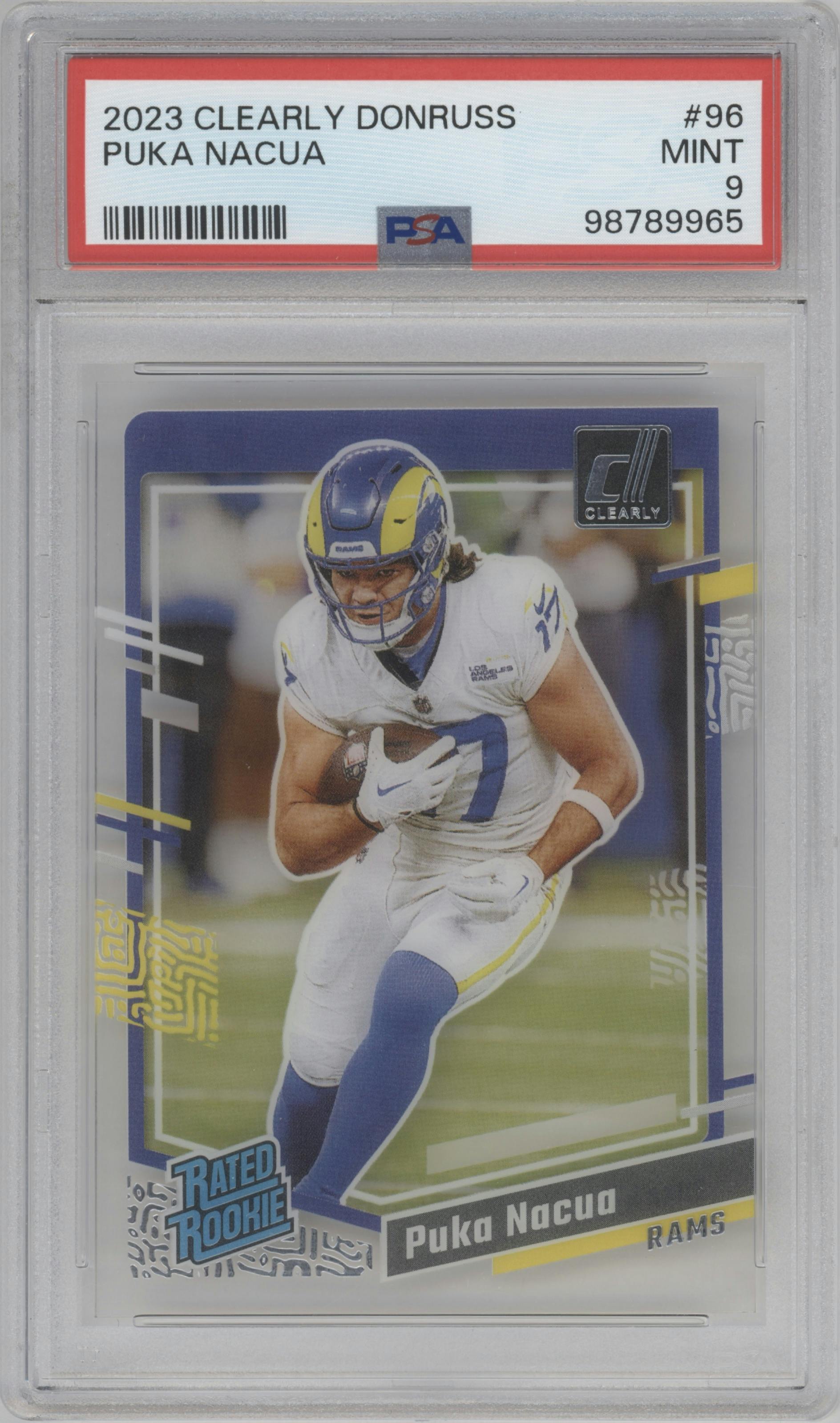 Puka Nacua from the 2023 Clearly Donruss set graded by PSA and given an overall grade of 9.