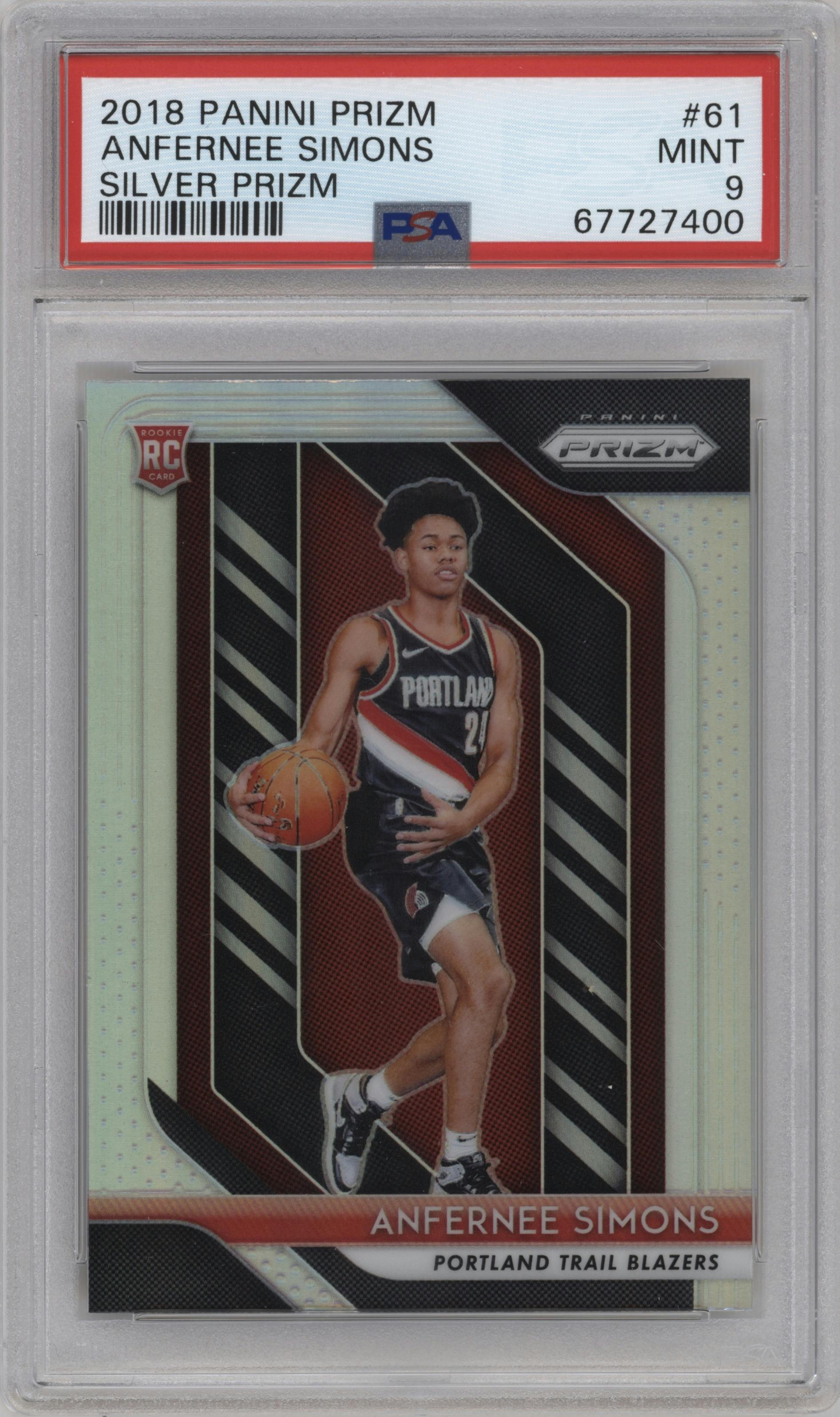 Anfernee Simons from the 2018-19 Panini Prizm set featuring a Silver Prizm parallel graded by PSA and given an overall grade of 9.