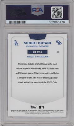 Shohei Ohtani from the 2024 Topps 50/50 set featuring a Chrome Blue parallel graded by PSA and given an overall grade of 9.