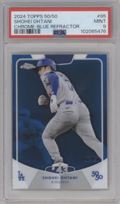 Shohei Ohtani from the 2024 Topps 50/50 set featuring a Chrome Blue parallel graded by PSA and given an overall grade of 9.