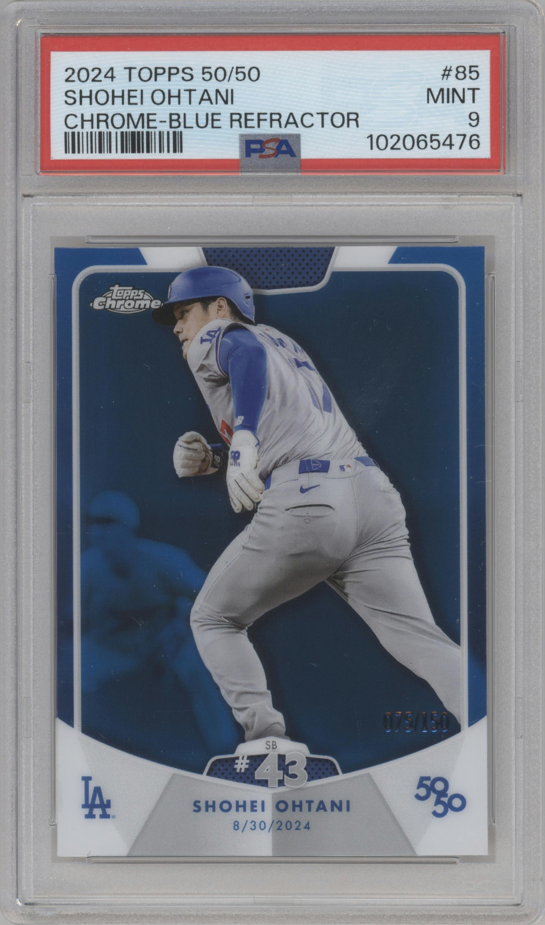 Shohei Ohtani from the 2024 Topps 50/50 set featuring a Chrome Blue parallel graded by PSA and given an overall grade of 9.