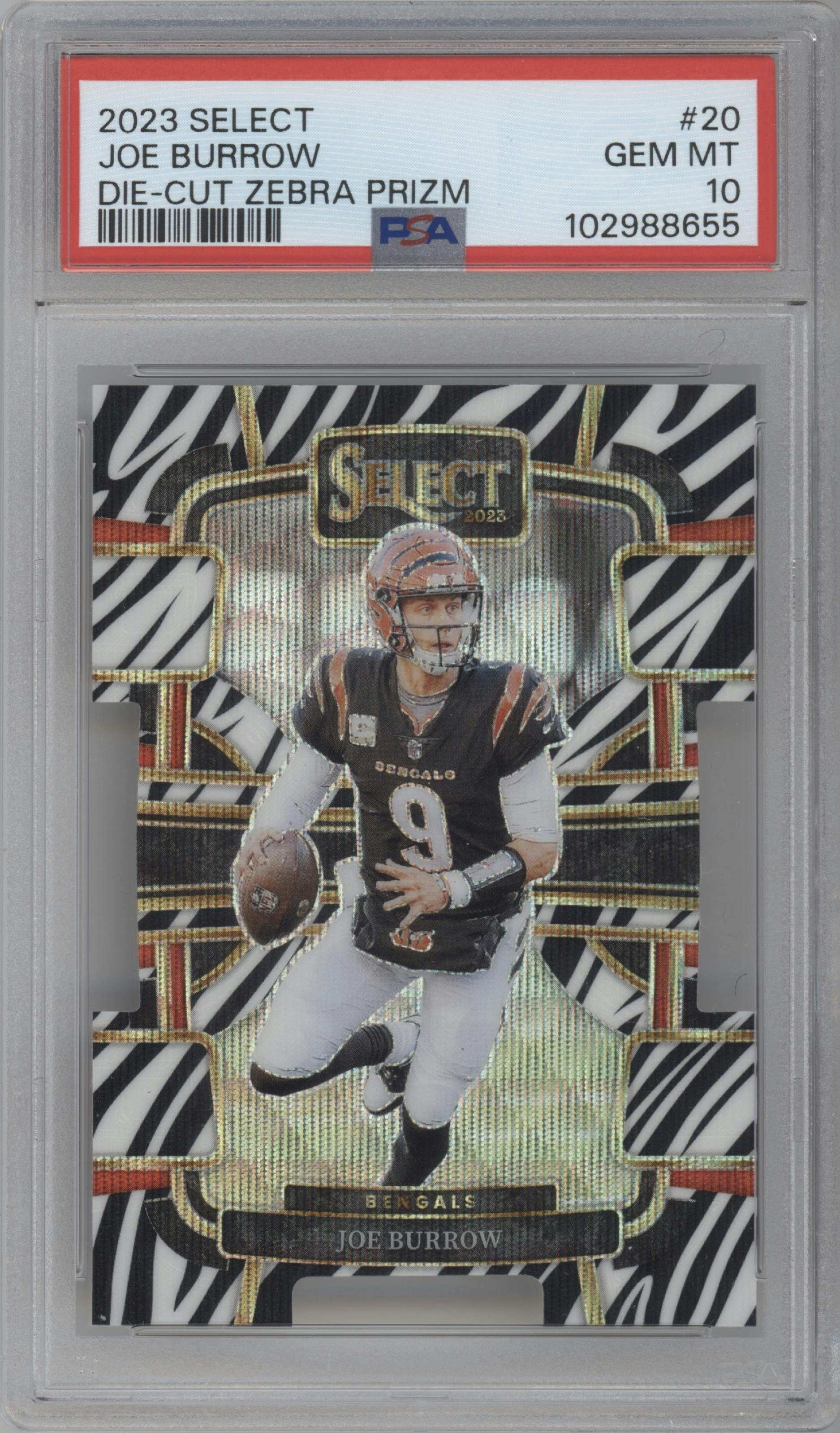 Joe Burrow  from the 2023 Panini Select set featuring a Die-Cut Zebra Prizm parallel graded by PSA and given an overall grade of 10.