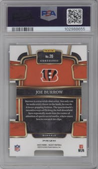 Joe Burrow  from the 2023 Panini Select set featuring a Die-Cut Zebra Prizm parallel graded by PSA and given an overall grade of 10.