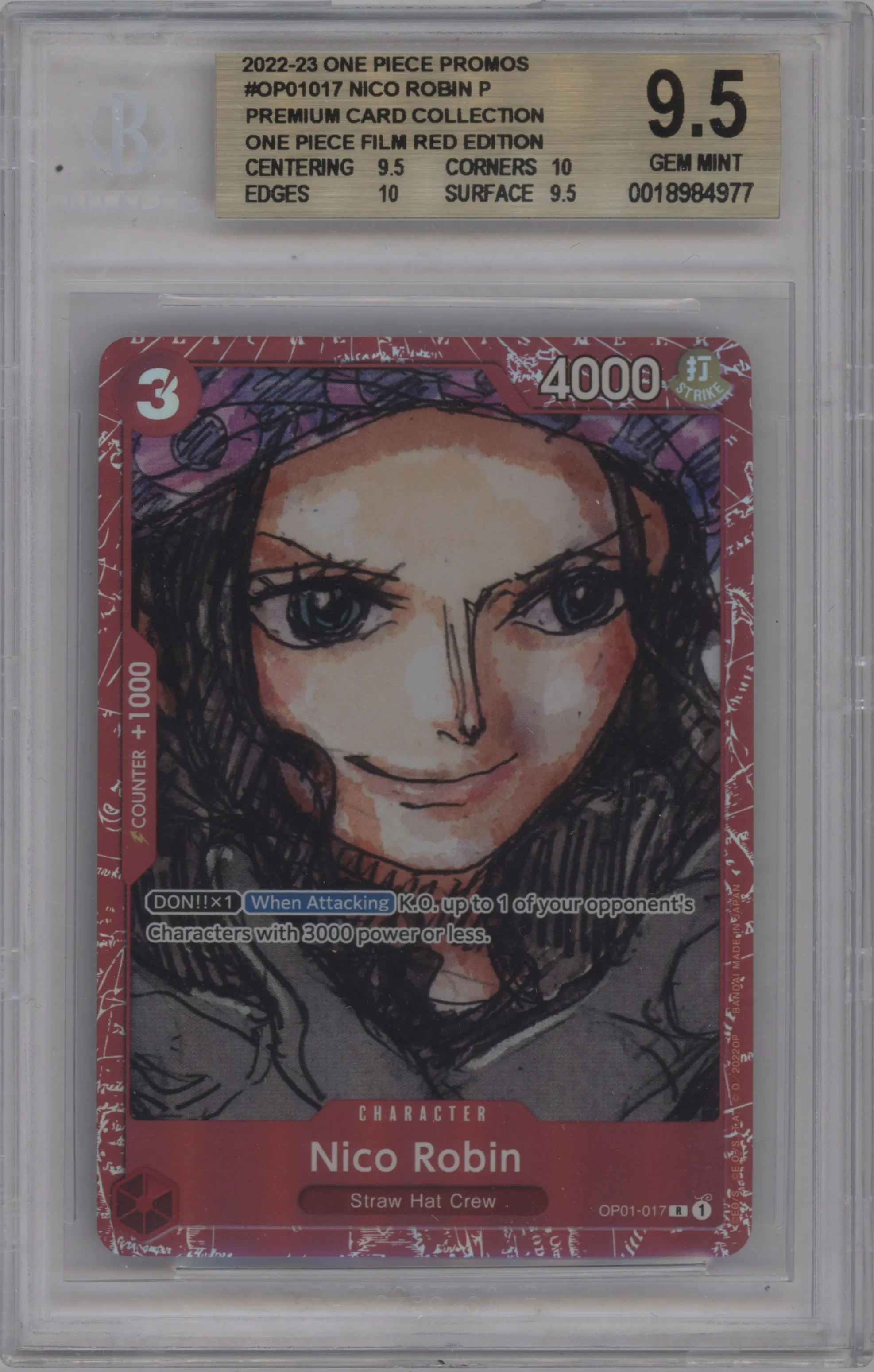 2022 One Piece Prem.Card.Coll.Film Red Ed. Nico Robin R #OP01-017 R BGS 9.5