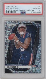 Joe Milton III from the 2024 Panini Prizm set featuring a No Huddle parallel graded by PSA and given an overall grade of 10.