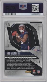 Joe Milton III from the 2024 Panini Prizm set featuring a No Huddle parallel graded by PSA and given an overall grade of 10.
