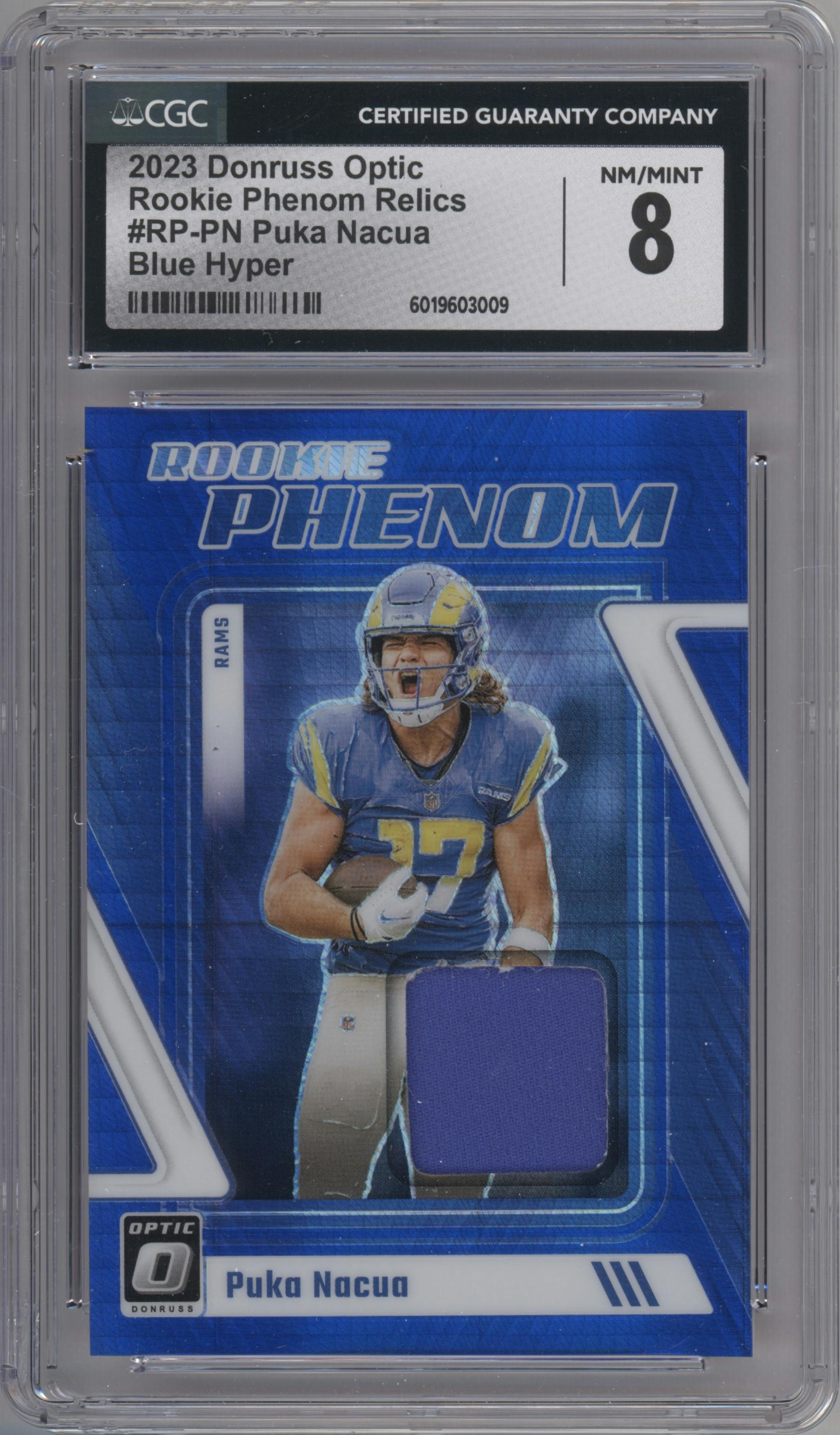 Puka Nacua from the 2023 Donruss Optic set featuring a Hyper Blue parallel graded by CSG and given an overall grade of 8.