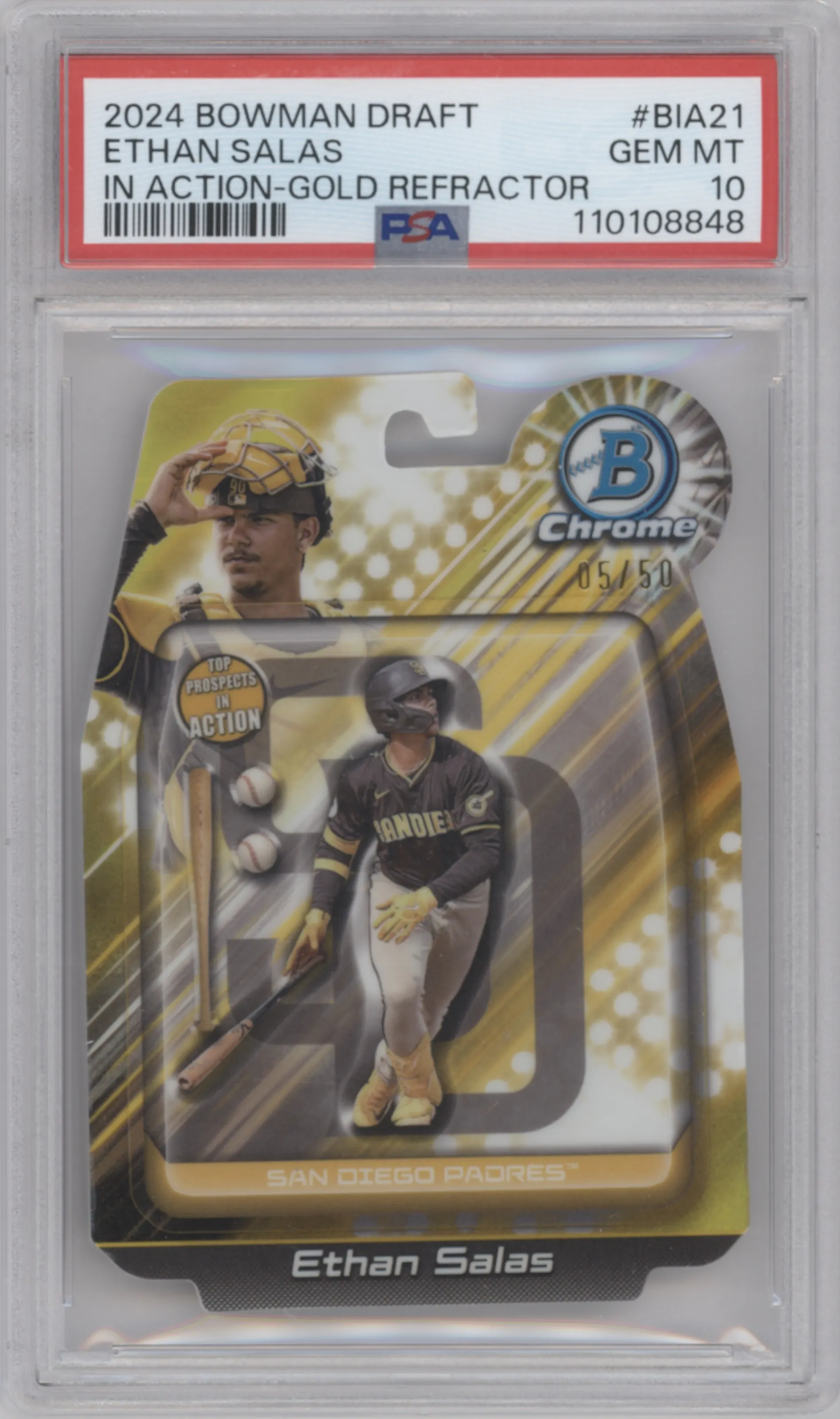 Ethan Salas from the 2024 Bowman Draft set featuring a Gold Refractor parallel graded by PSA and given an overall grade of 10.