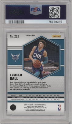 LaMelo Ball from the 2020-21 Panini Mosaic set featuring a Gold Wave parallel graded by PSA and given an overall grade of 10.