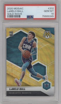 LaMelo Ball from the 2020-21 Panini Mosaic set featuring a Gold Wave parallel graded by PSA and given an overall grade of 10.
