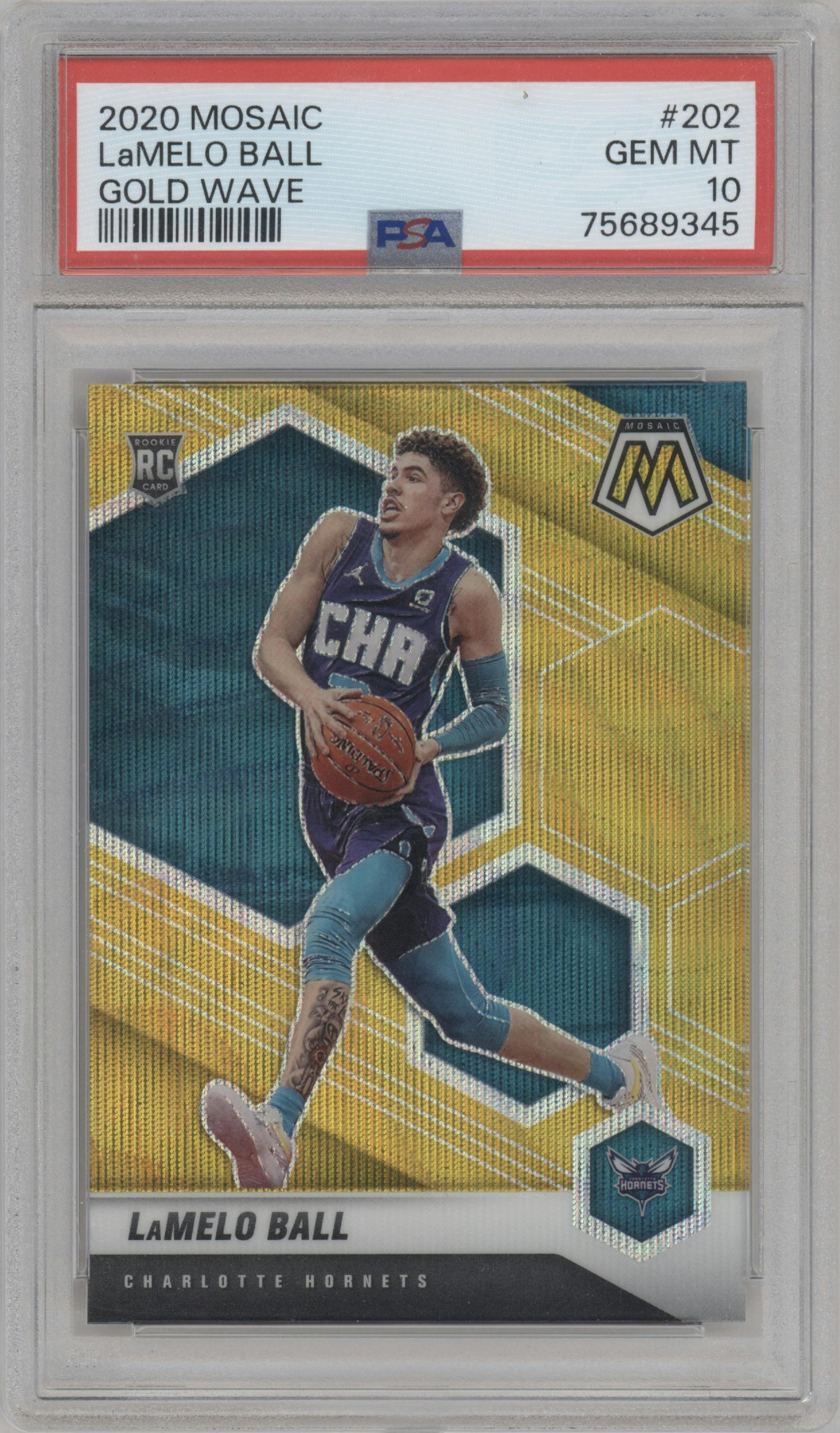 LaMelo Ball from the 2020-21 Panini Mosaic set featuring a Gold Wave parallel graded by PSA and given an overall grade of 10.