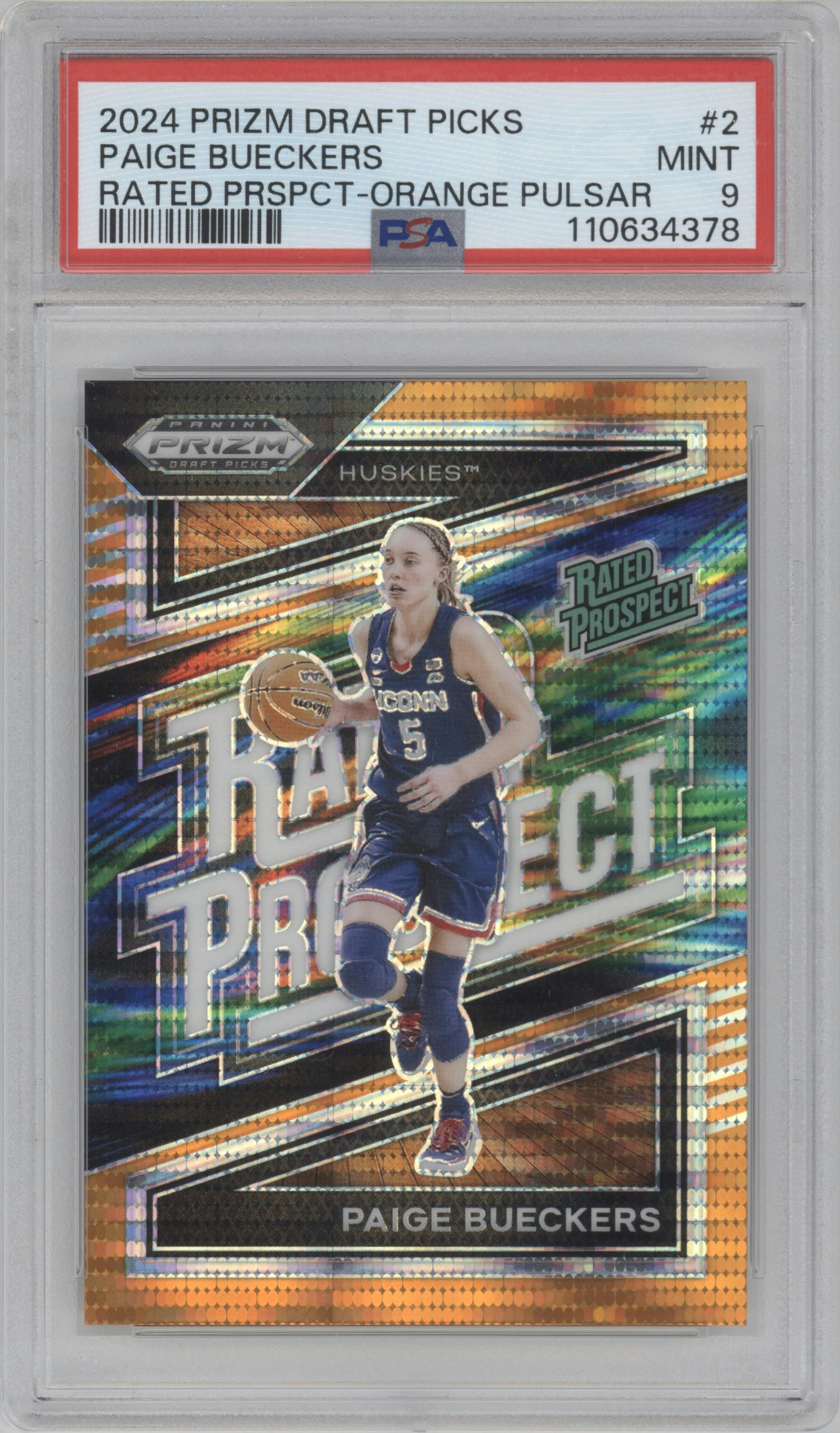 Paige Bueckers from the 2024 Panini Prizm Draft Picks set featuring a Orange Pulsar parallel graded by PSA and given an overall grade of 9.