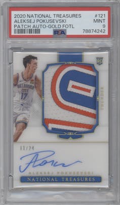 Aleksej Pokusevski from the 2020-21 Panini National Treasures set featuring a Gold FOTL parallel graded by PSA and given an overall grade of 9.
