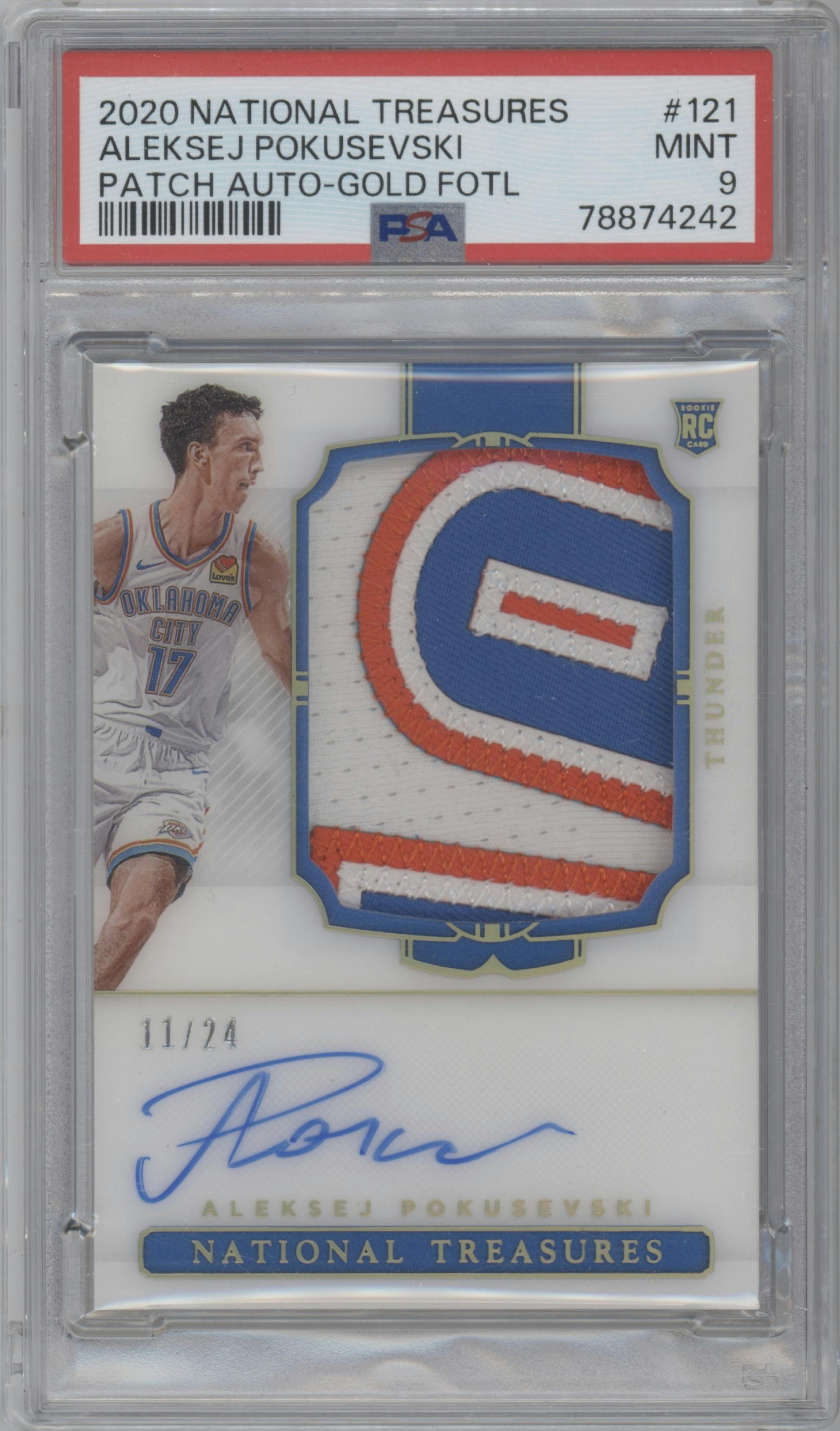 Aleksej Pokusevski from the 2020-21 Panini National Treasures set featuring a Gold FOTL parallel graded by PSA and given an overall grade of 9.