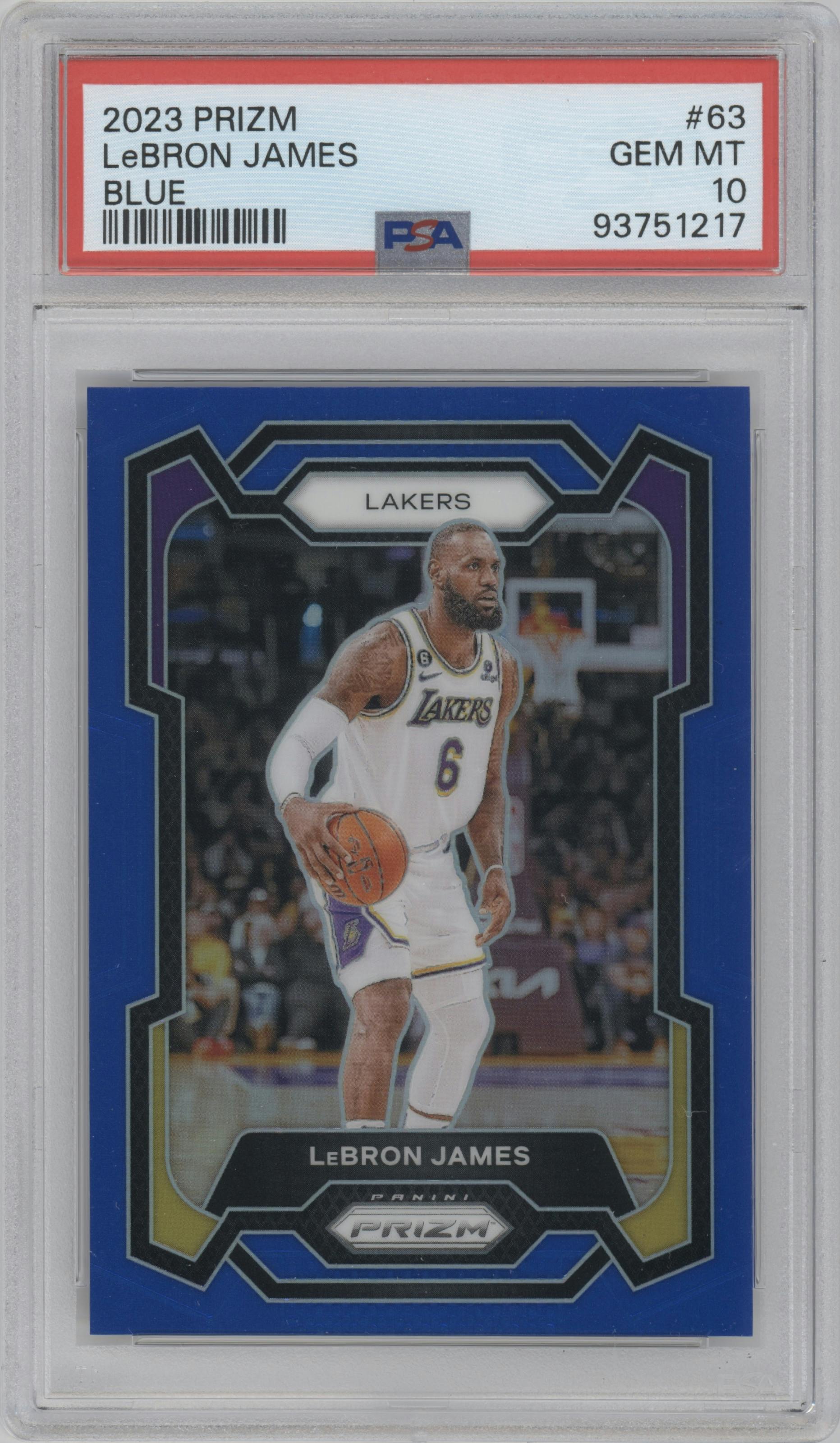 LeBron James from the 2023-24 Panini Prizm set featuring a Blue Prizm parallel graded by PSA and given an overall grade of 10.