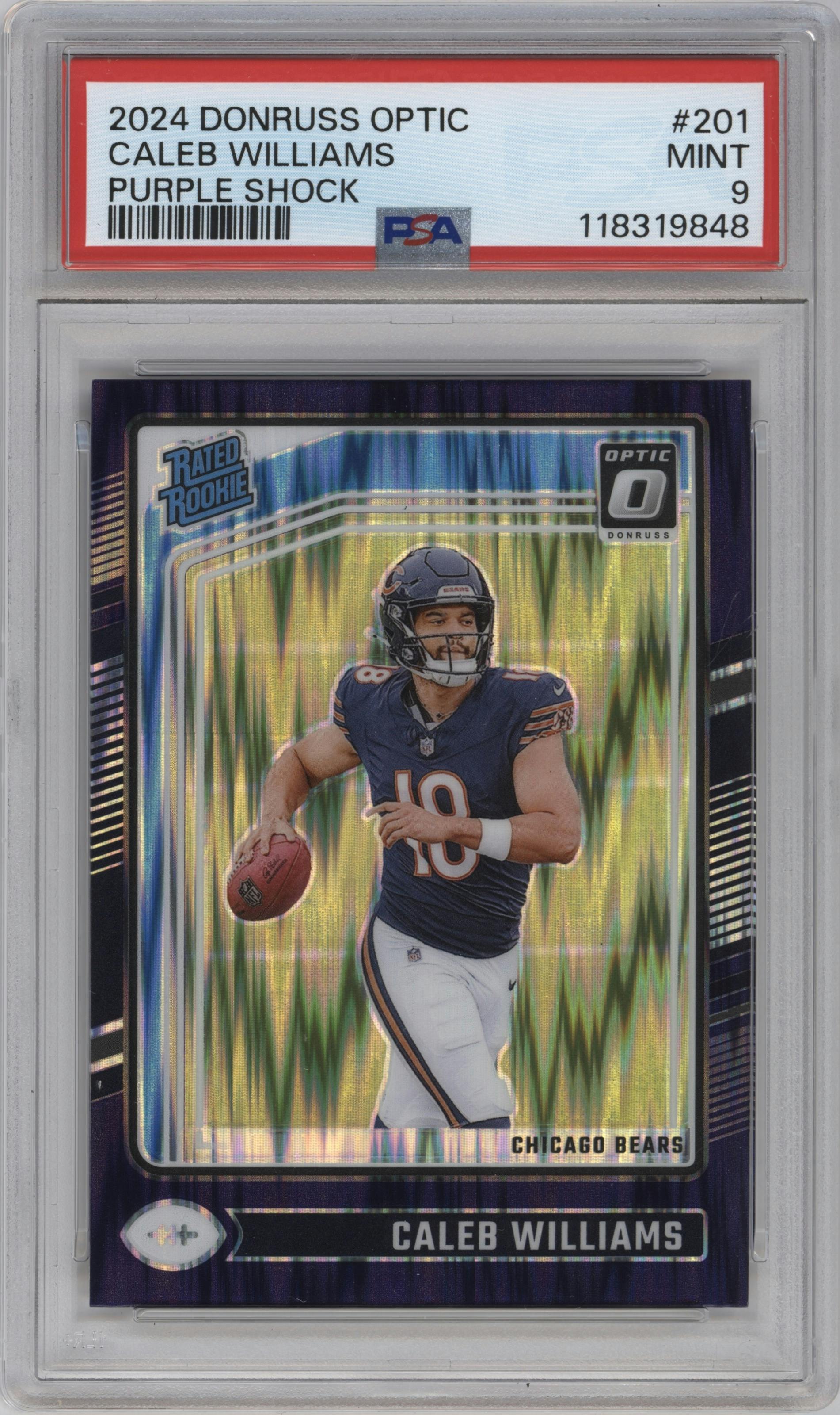 Caleb Williams from the 2024 Donruss Optic set featuring a Purple Shock parallel graded by PSA and given an overall grade of 9.