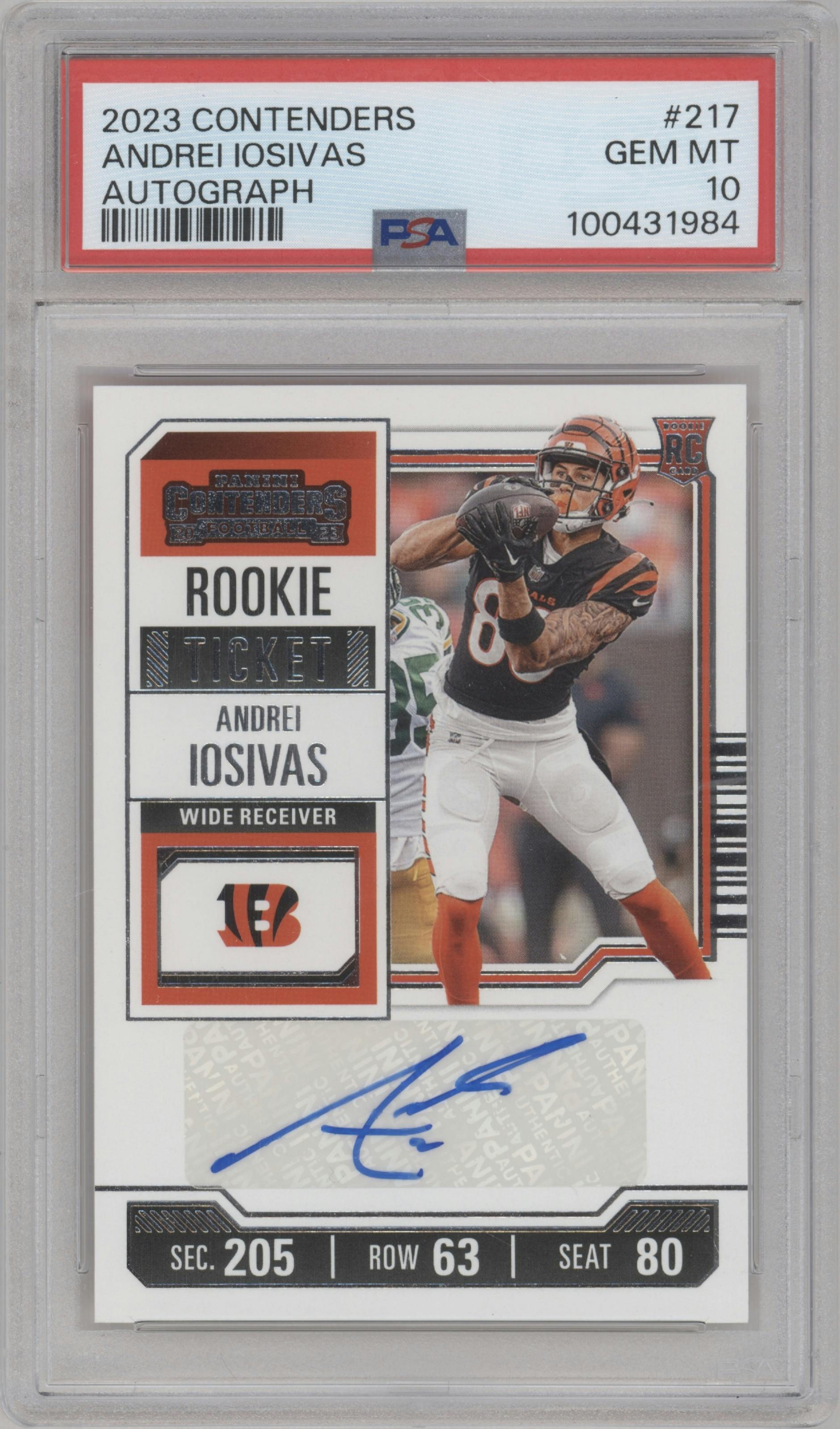 Andrei Iosivas from the 2023 Panini Contenders set graded by PSA and given an overall grade of 10.