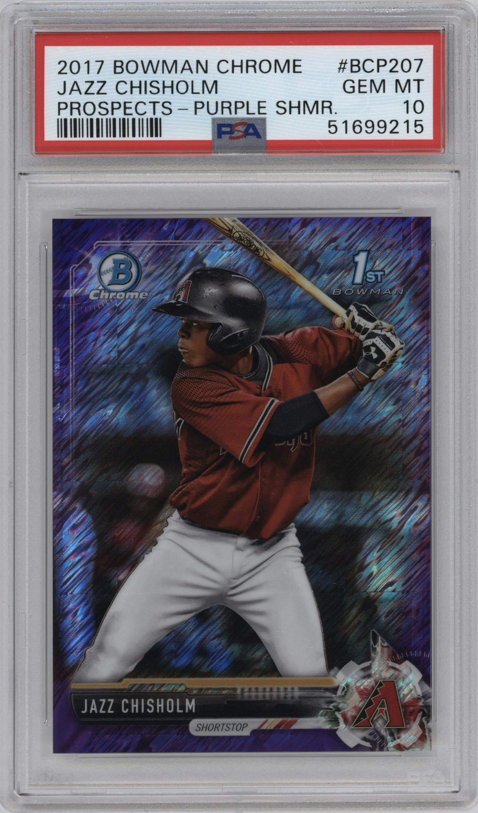 Jazz Chisholm from the 2017 Bowman Chrome set featuring a Purple Shimmer parallel graded by PSA and given an overall grade of 10.