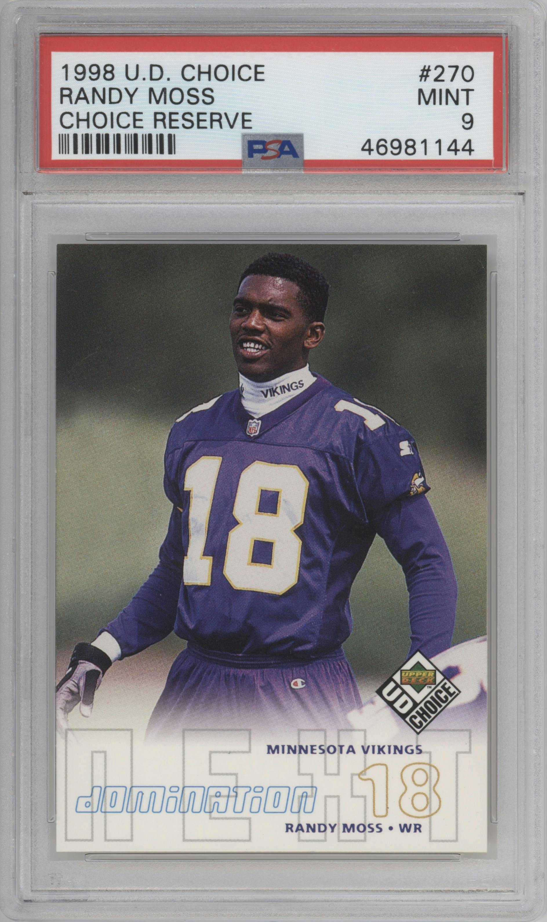 Randy Moss from the 1998 UD Choice set graded by PSA and given an overall grade of 9.