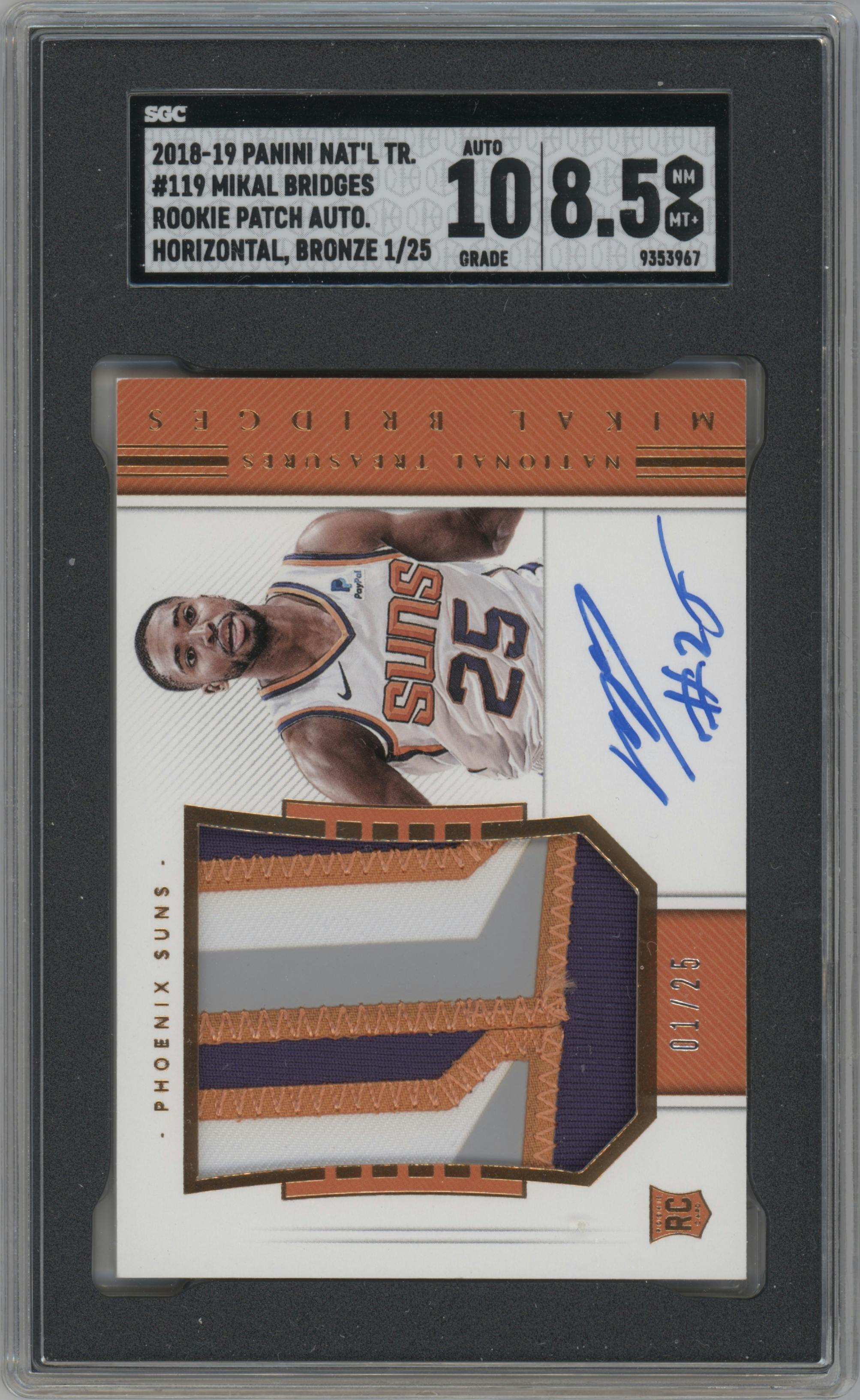 Mikal Bridges from the 2018-19 Panini National Treasures set featuring a Bronze parallel graded by SGC and given an overall grade of 8.5.