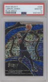 LeBron James from the 2023-24 Panini Select  set featuring a Disco Blue parallel graded by PSA and given an overall grade of 10.