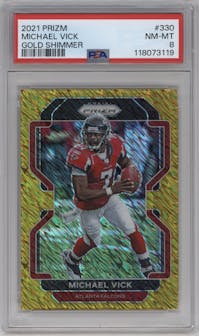 Michael Vick from the 2021 Panini Prizm set featuring a Gold Shimmer parallel graded by PSA and given an overall grade of 8.