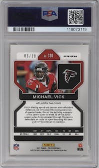 Michael Vick from the 2021 Panini Prizm set featuring a Gold Shimmer parallel graded by PSA and given an overall grade of 8.