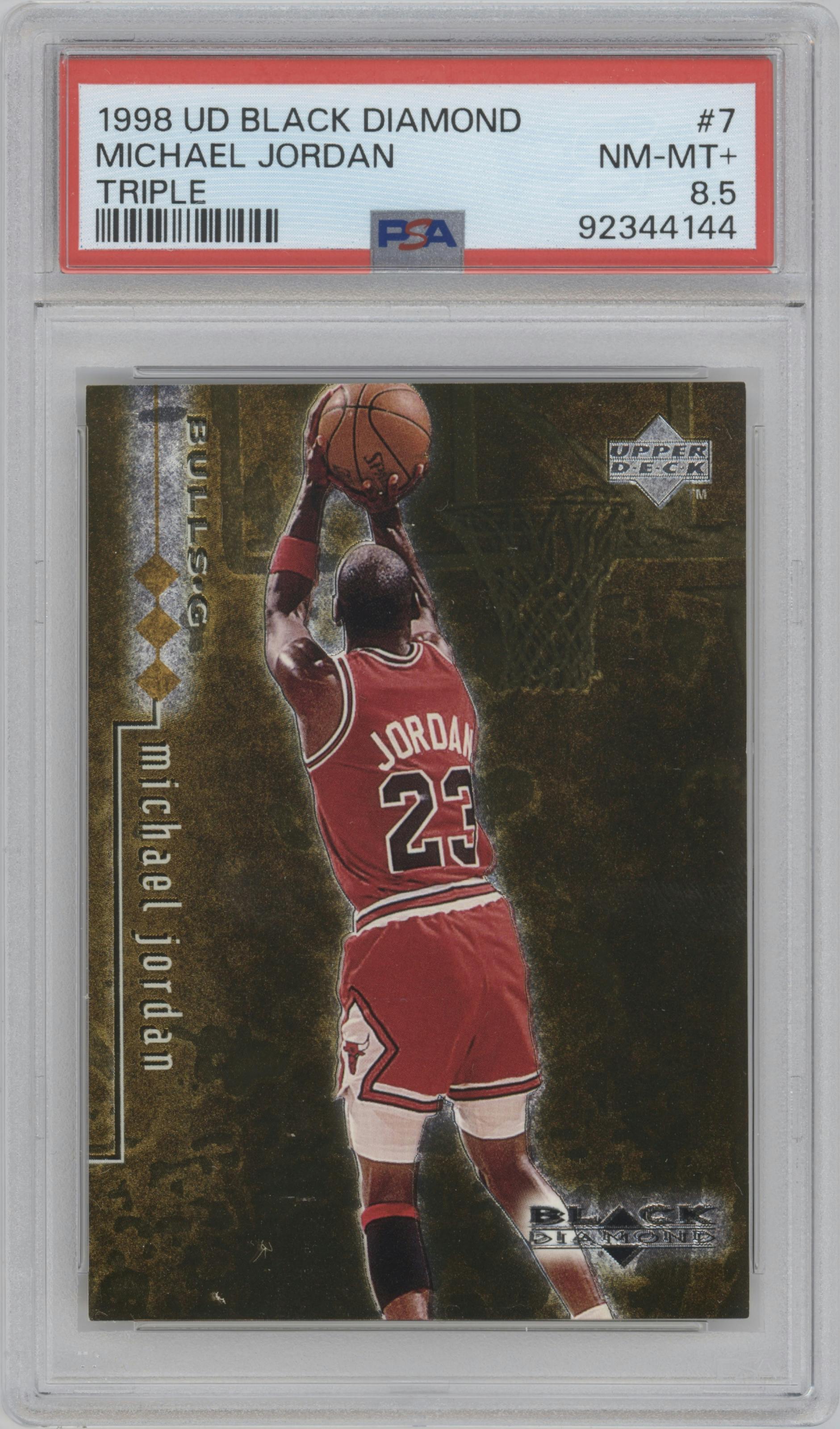 Michael Jordan from the 1998-99 Upper Deck Black Diamond set featuring a Triple Diamond parallel graded by PSA and given an overall grade of 8.5.