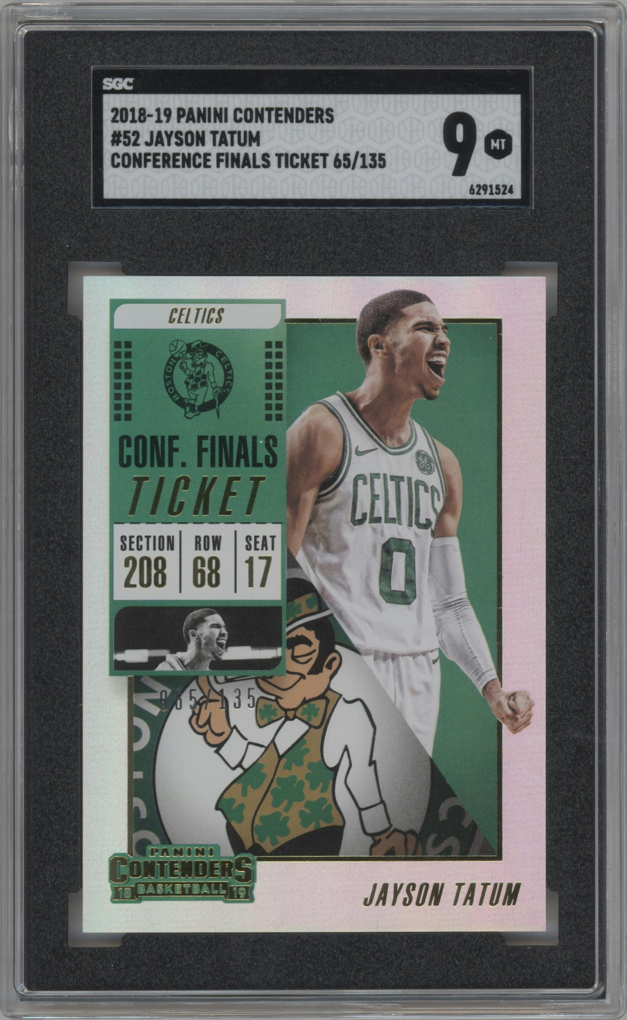 Jayson Tatum from the 2018-19 Panini Contenders set featuring a Conference Finals parallel graded by SGC and given an overall grade of 9.