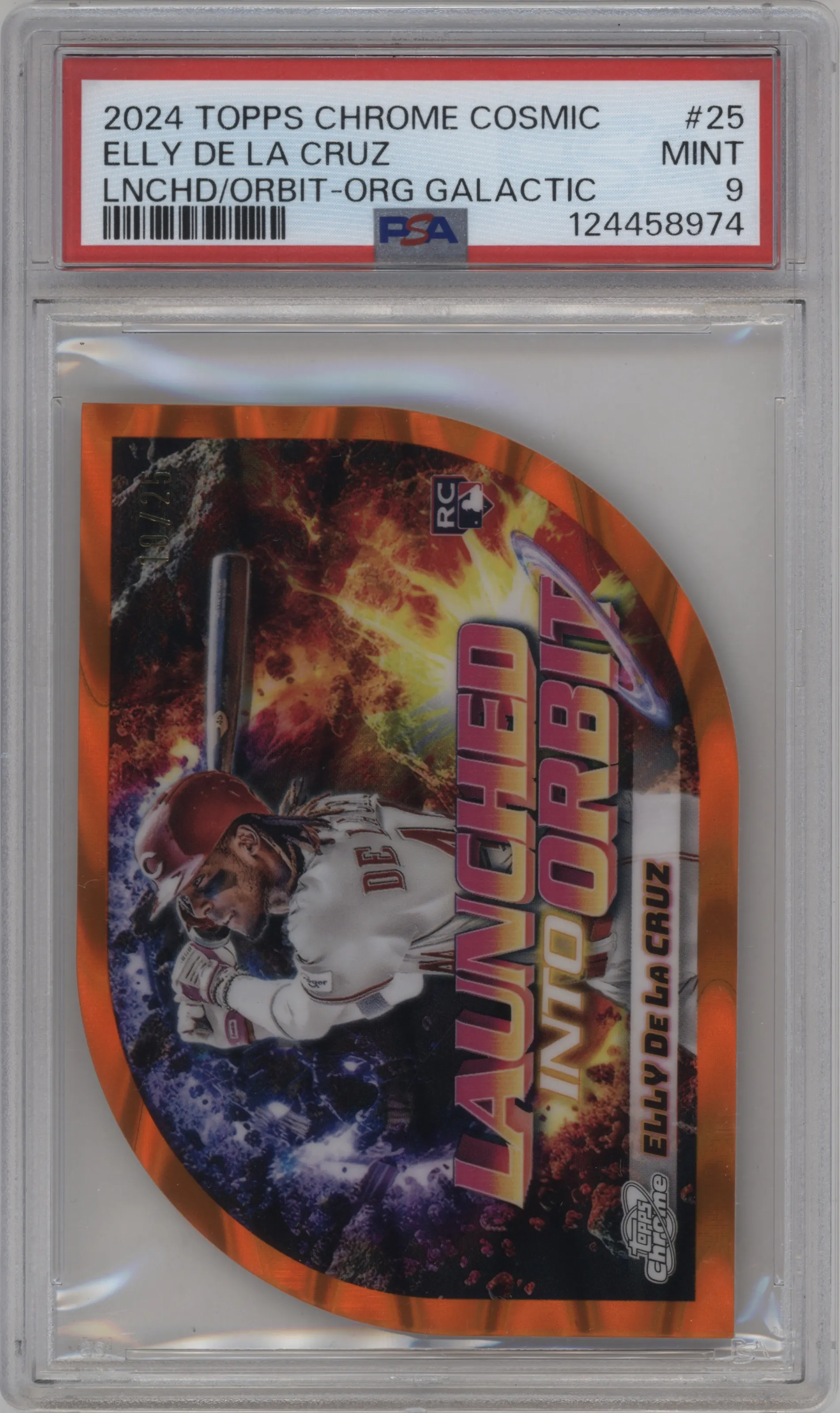 2024 Topps Cosmic Chrome Launched into Orbit Elly De La Cruz Orange Galactic Refractors PSA 9