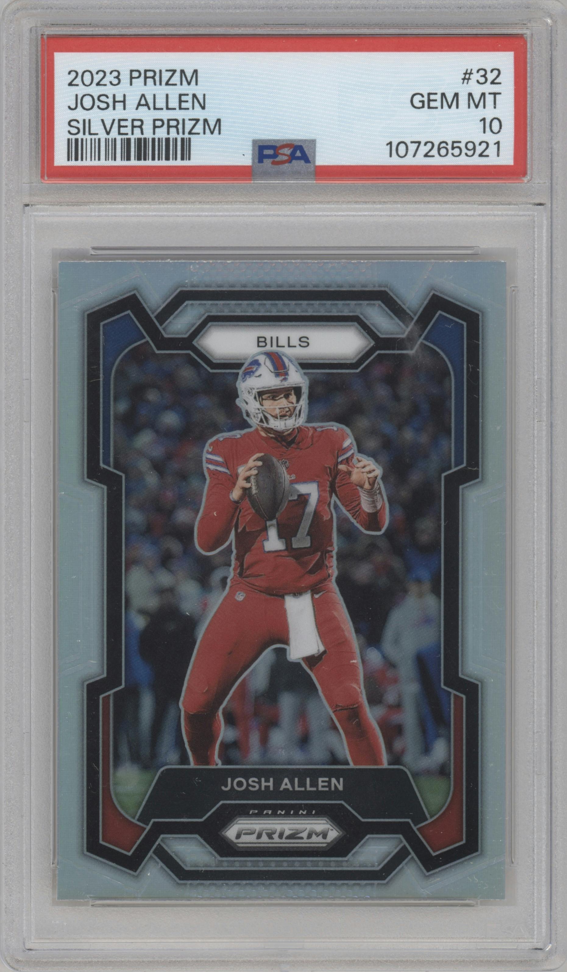 Josh Allen from the 2023 Panini Prizm set featuring a Silver Prizm parallel graded by PSA and given an overall grade of 10.