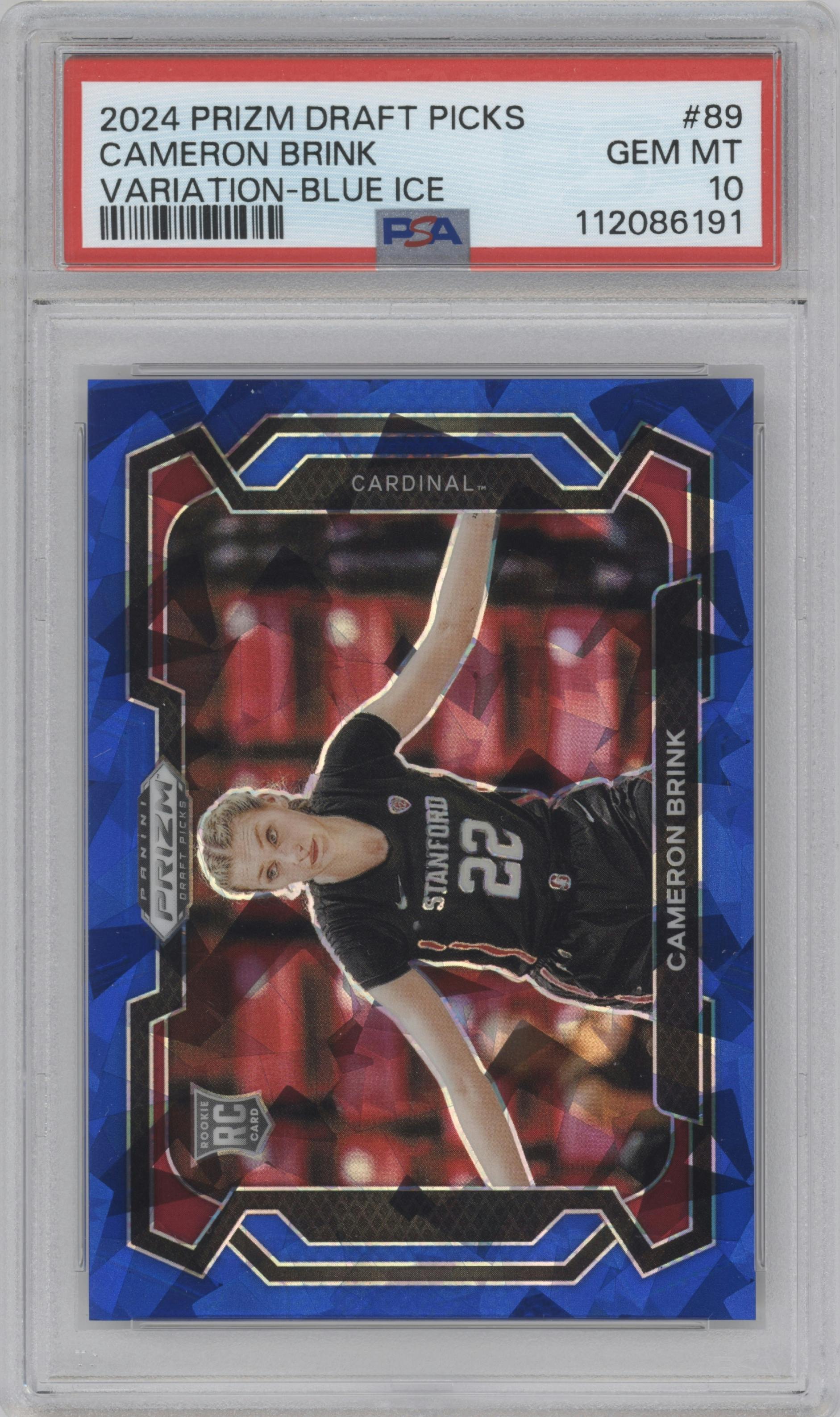 Cameron Brink from the 2024 Panini Prizm Draft Picks set featuring a Blue Ice parallel graded by PSA and given an overall grade of 10.