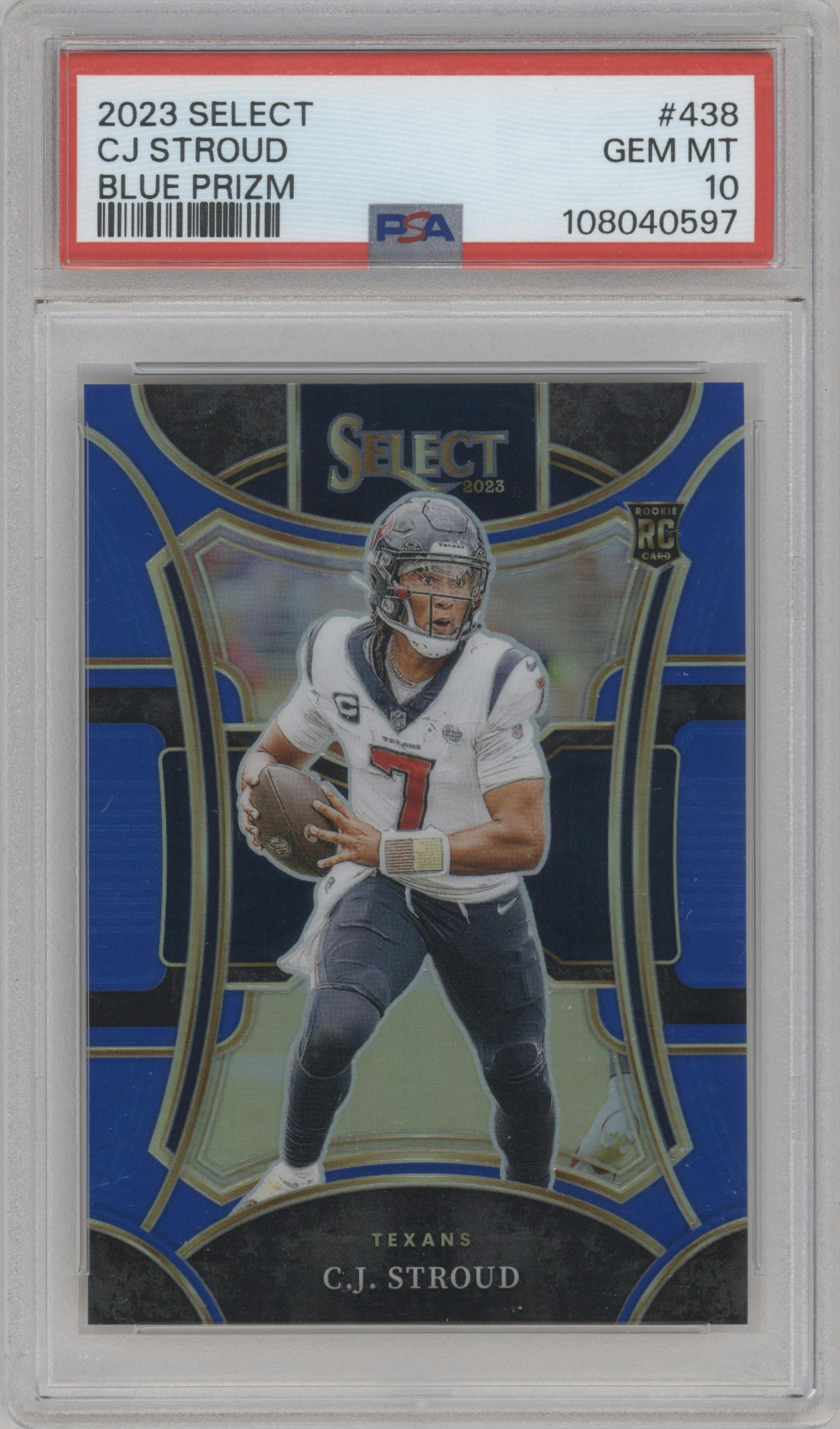 C.J. Stroud from the 2023 Panini Select set featuring a Blue Prizm parallel graded by PSA and given an overall grade of 10.